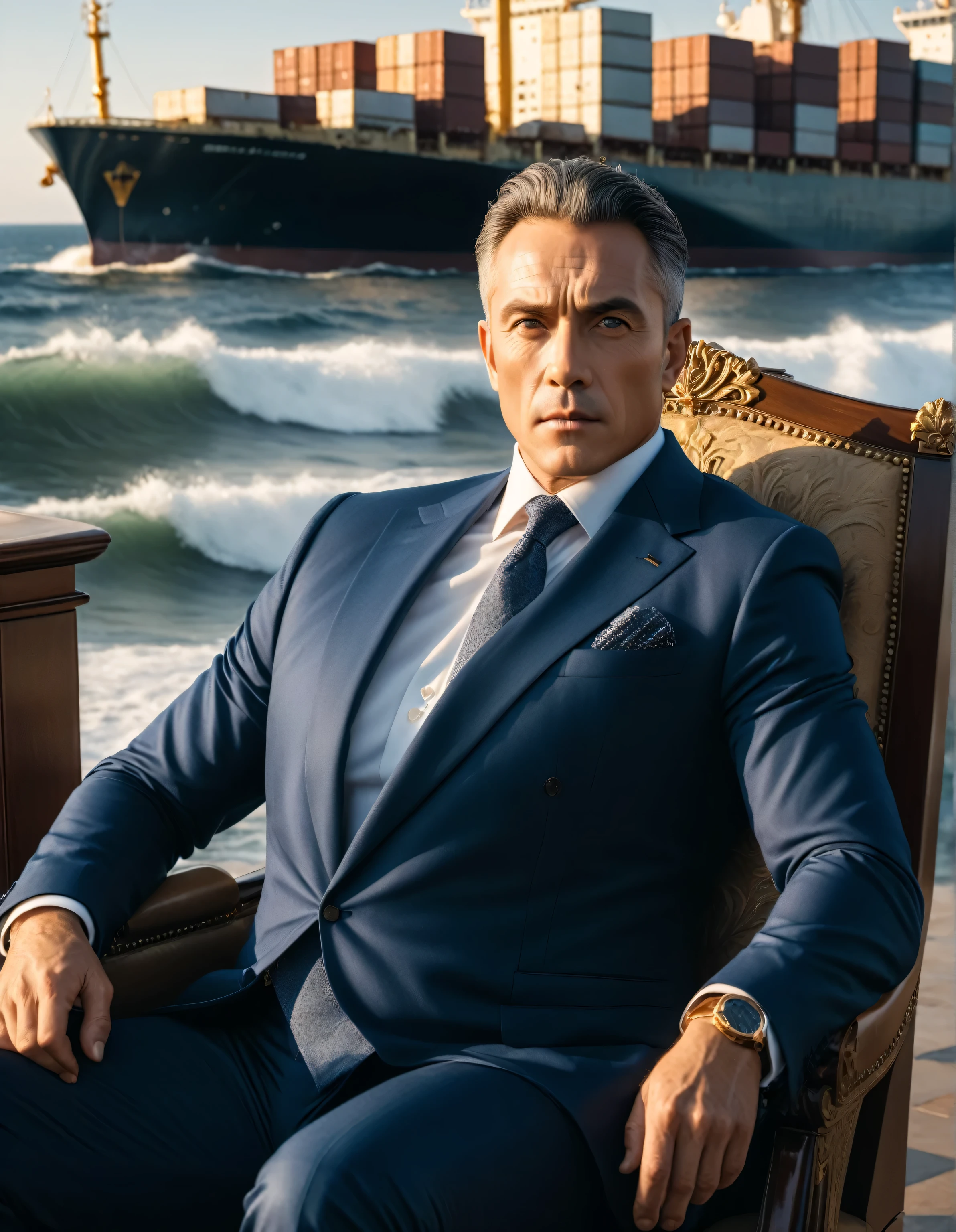 Generate a realistic photo of a middle aged businessman seated on a grand throne, surrounded by the big ocean with waves crashing around him. The businessman exudes authority and power, symbolizing his dominance in the sea and shipping industry. put lions roaring next to him and a fleet of ships behind him and cargo ships, big waves , golden hour, cinematic lighting, (hazy filter, film grain:1.2). 8k, highly detailed, detailed skin texture, natural skin texture, perfect eyes, perfect iris, high detail eyes, detailed iris, detailed cloth texture, perfect eyes, detailed eyes, (high quality, best quality:1.3), Extremely high-resolution, film grain, dslr, Kodak Portra 400 camera f1.6 lens, 35mm, Fujifilm Superia Premium 400, Nikon D850,