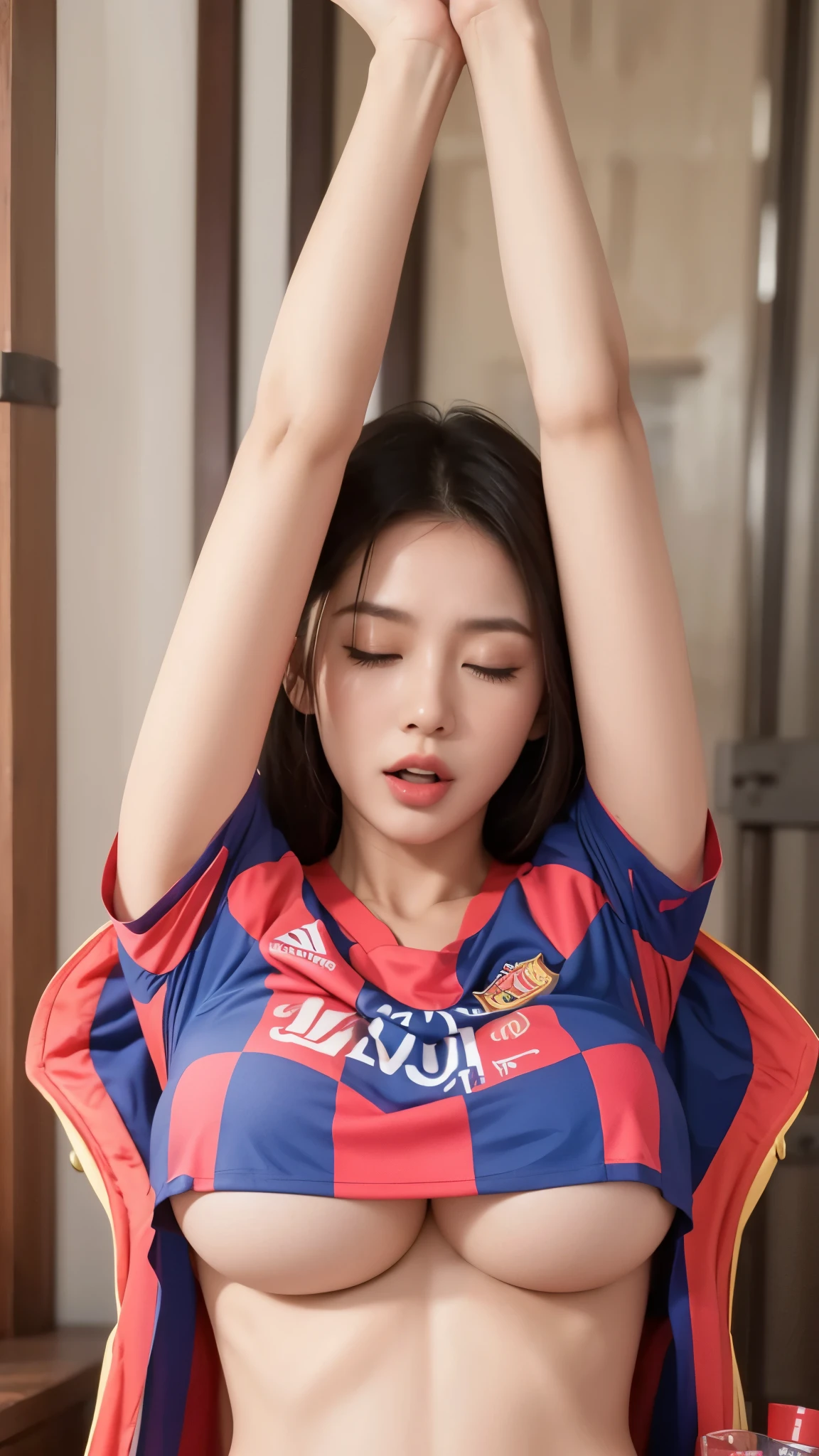 beautiful asian girl (bold make-up) (curvy body) (gigantic breast:1.2) deep ((Best quality, 8k, Masterpiece :1.3)), award winning, best quality, highres, 1080P, HD, 16k, big tits , round tits, hanging tits, deep cleavage, open cleavage, cleavage, (tan skin:1.2) wear fc barcelona football jersey, (lift her shirt up) glasses on her head, (underboob:1.2) yawning, sleeping face, closed eyes, open mouth