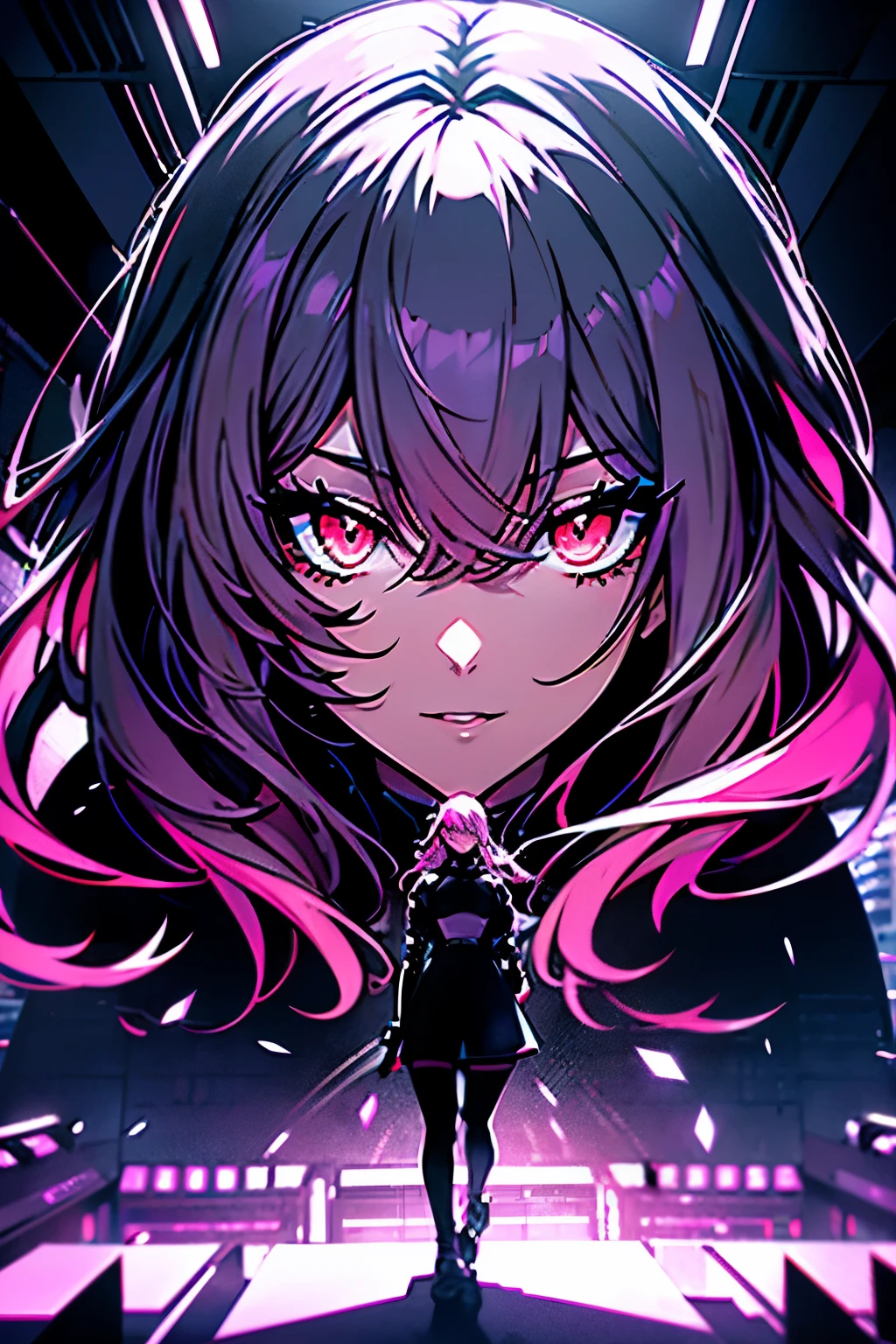 anime, (artwork, best quality, ultra-detailed, high contrast), 1 woman (Alone, full body, plus size body, standing on the edge of the skyscraper, silver hair, LONG AND FLOWING HAIR, broken red eyes ruby, (black dress, black cybernetics with neon pink), detailed face, transparent black stockings, (skyscraper roof, overlooking a city, detailed background ((nighttime, darkness, low light pollution))) detailed face, hyper detailed eye's, detailed lips, , with a metal chainned-colar in the neck, lineart
