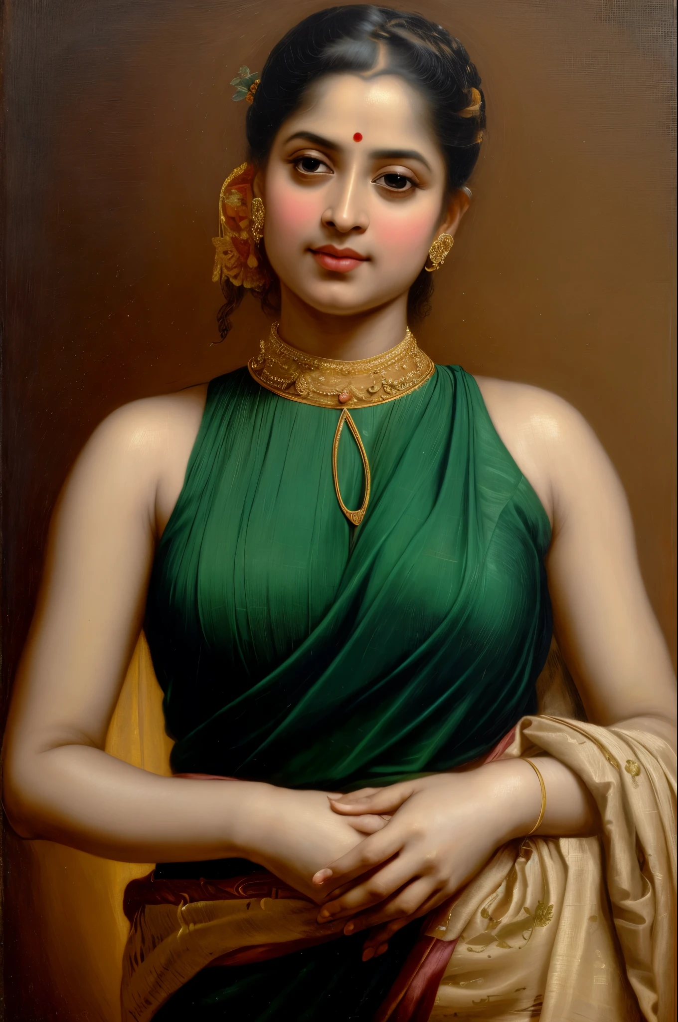 Beautiful Indian Woman, wearing saree, sari Beauty, gorgeous, Apsara, Maharani, royal queen woman, nymph from Hindu Mythology, Urvashi, matchless beauty, Highly detailed, Oil Painting by Peter Paul Rubens inspired by Raja Ravi Varma, Matchless beauty, captivating, gorgeous, heavenly beauty, celestial beauty, by Peter Paul Rubens, 13, realistic, hyper realistic, micro details, incredible artwork, insane details, ultra High resolution, 8k, 32k, acrylic on canvas, intricate, flawless, detailed, detailed face, detailed eyes, masterpiece, by Peter Paul Rubens, by Caravaggio, by William Adolphe bouguereau, perfect face, perfect body, beautiful art, realism, baroque, renaissance Art, highly textured, beautiful and detailed eyes, uhd, best quality,