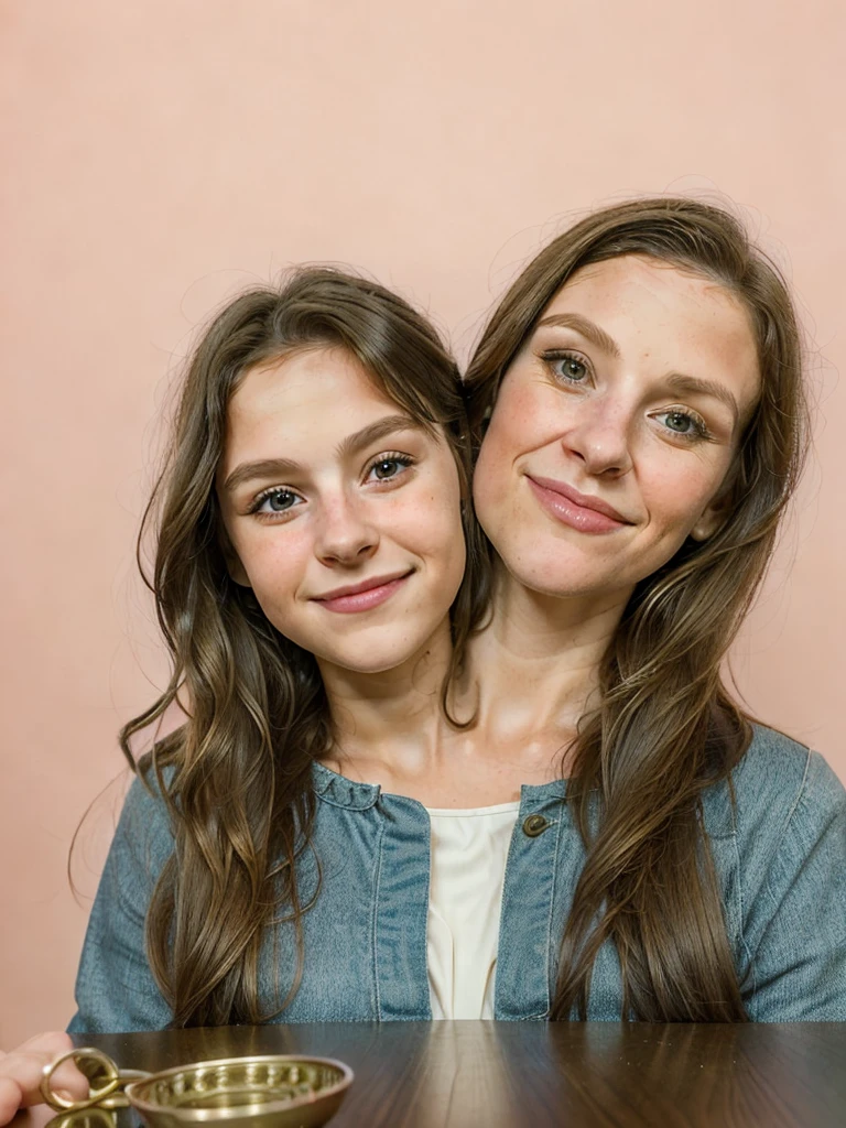 2heads, (a 10 year old girl and a 35 year old woman:1.5), (a brunette and a blonde:1.3)