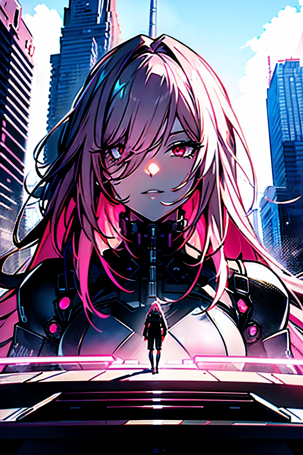 anime, (artwork, best quality, ultra-detailed, high contrast), 1 woman (Alone, full body, plus size body, standing on the edge of the skyscraper, silver hair, LONG AND FLOWING HAIR, broken red eyes ruby, (black dress, black cybernetics with neon pink), detailed face, transparent black stockings, (skyscraper roof, overlooking a city, detailed background ()) detailed face, hyper detailed eye's, detailed lips, , with a metal chainned-colar in the neck, lineart