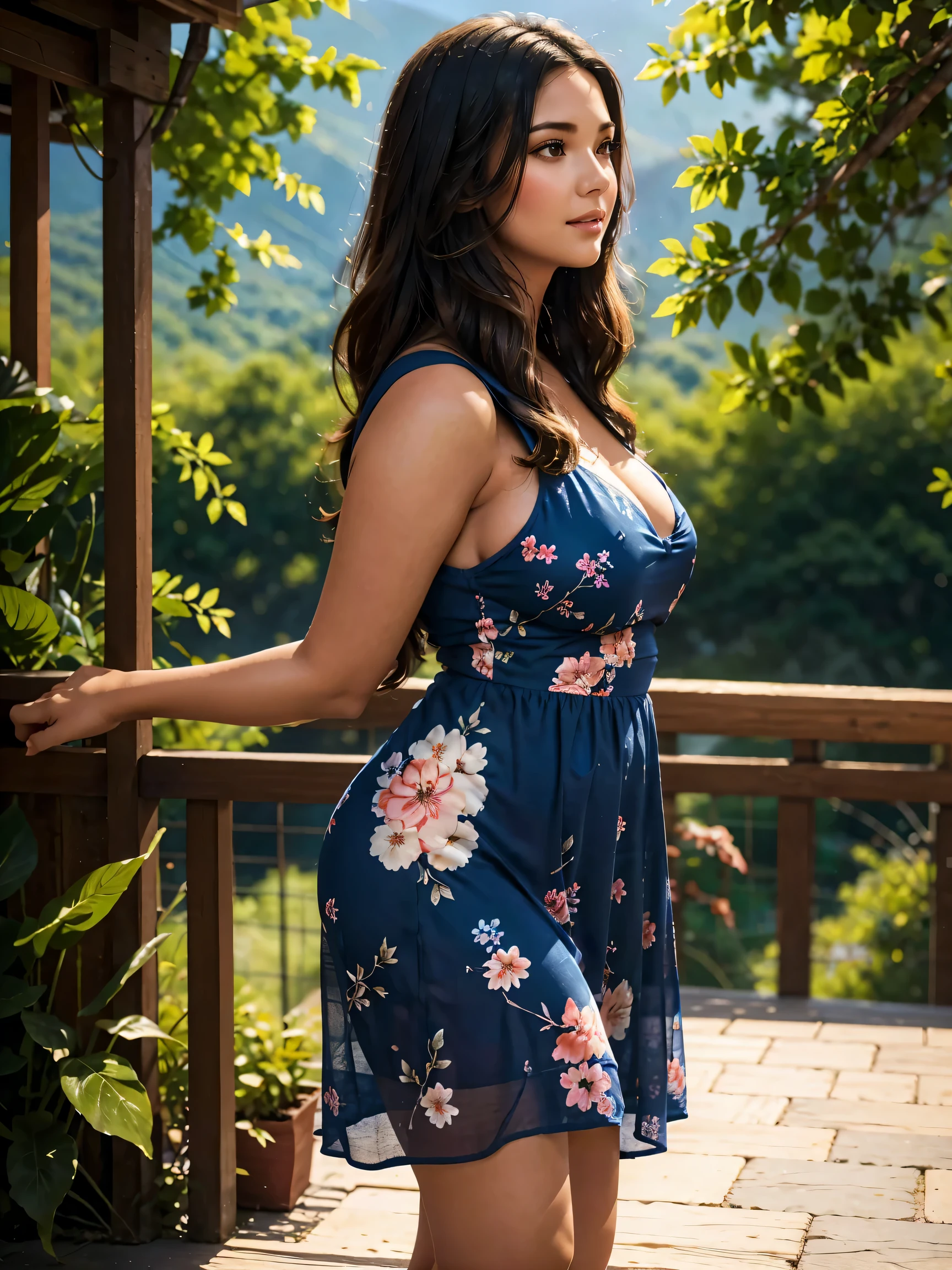 Summer in the Mountains, a beautiful voluptuous woman, curvy body shape, moist skin, she is wearing a transparent navy blue floral summer dress, flower in her long straight hair, depth of field, bokeh, Volumetric lighting, close up shot of her face, from the side, full body view
