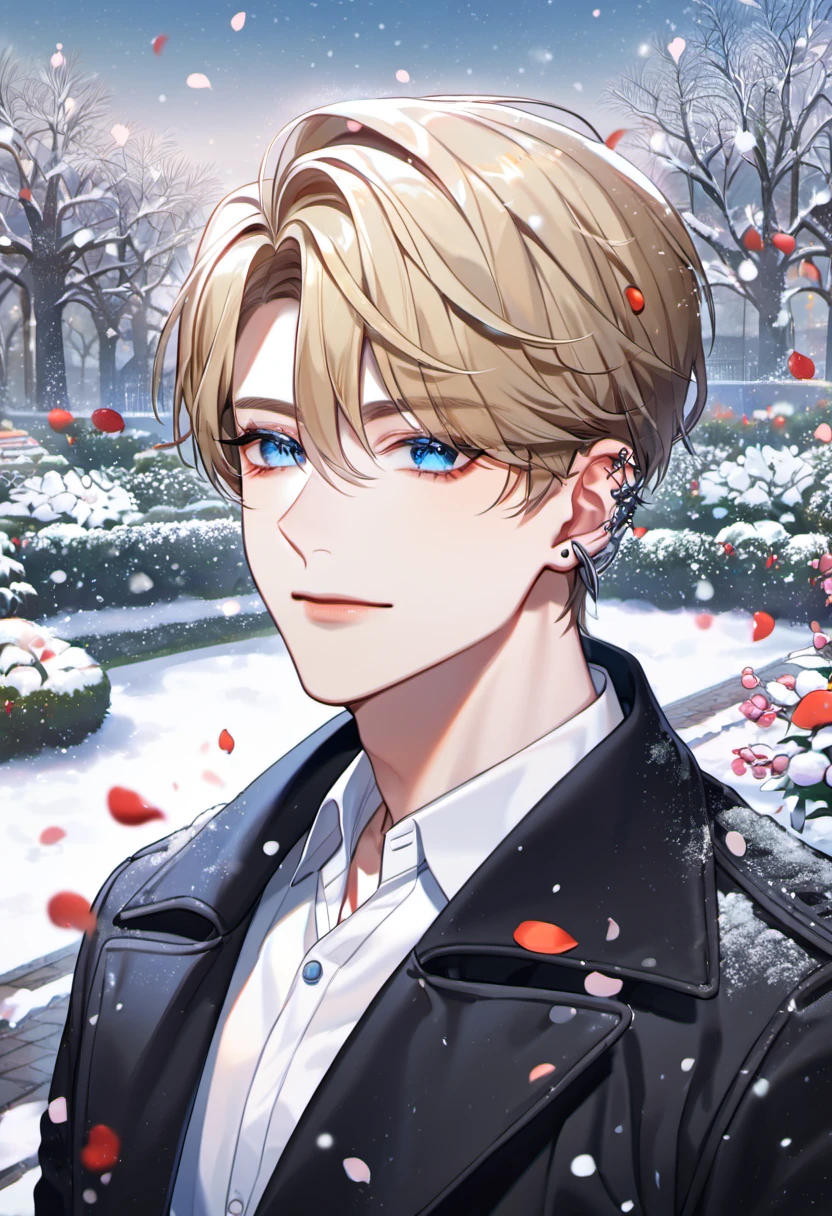 absurdres, highres, ultra detailed, HDR, master piece, best quality, Lim Haegyung, ash-blond messy short hair, expressive blue eyes, ear piercings, Love Jinx, 1man, handsome, black coat, white shirt, petals, garden, snow, snowflakes, snowing