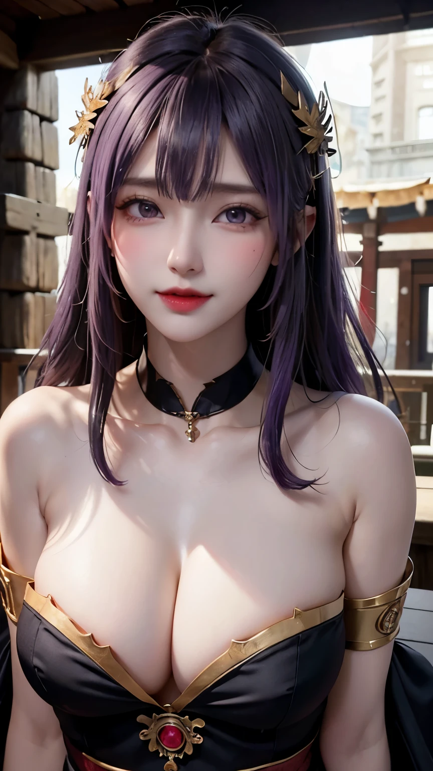 (Hyper Real), ancient shrine maiden, female shaman, giant beauty, safe, high resolution, real short hair, blonde, blonde woman, skin texture details, super high resolution, realistic, plump figure, smile, beautiful expression, small purple hair Airy long blonde hair, divine spirit, very delicate and detailed skin texture, (ancient luxury luxury temple), ancient priestess, big cleavage, plunging neckline, big red lips , (luxurious black costume and luxurious accessories)