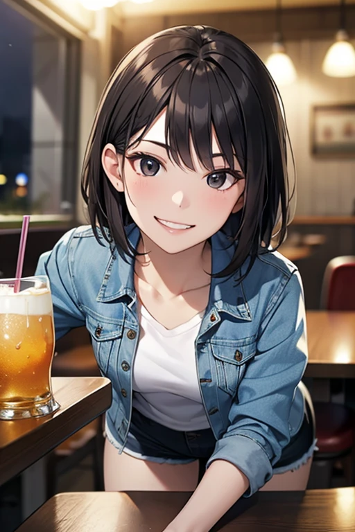 (Secret talk:1.2,)Masterpiece, High resolution, High-definition CG Unity 8K,Beautiful and detailed face, detailed hair texture, beautiful face,1 girl,(black eyes),small breasts, (very short messy brown hair), (at night),grinning eyes,grin,anguish,break,(seductive smile),(at the pub table), (having alcohol),(POV:1.1),(Denim Jacket),black shorts