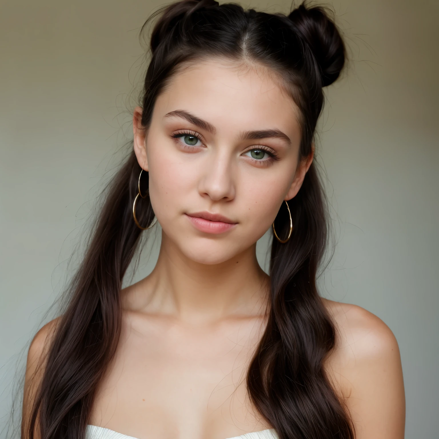 one naked girl in full height, RAW photo, face of a beautiful 21 year old girl,big green eyes, , cute round face, happy face, Smooth shadows, cinematic frame, summer lighting, hair is long and black with a strong burgundy tint, hairstyle: two high ponytails and curls on both sides covering part of the face, Irish looks, big green eyes 1.5, Small plump lips, the front strand of hair is gray, fix your eyes, A rounder face, high ponytail hair