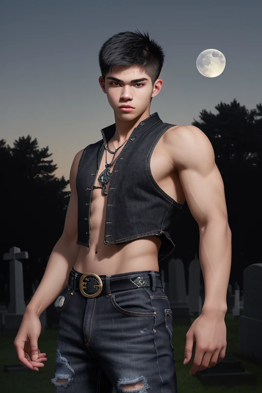 20-year-old boy of northern descent, light-skinned, muscular complexion, slim black sleeveless shirt, blue jean vest, black jean pants, looking straight at the viewer in the background of a cemetery, black belt with moon-shaped buckle, Viking rune medallion 