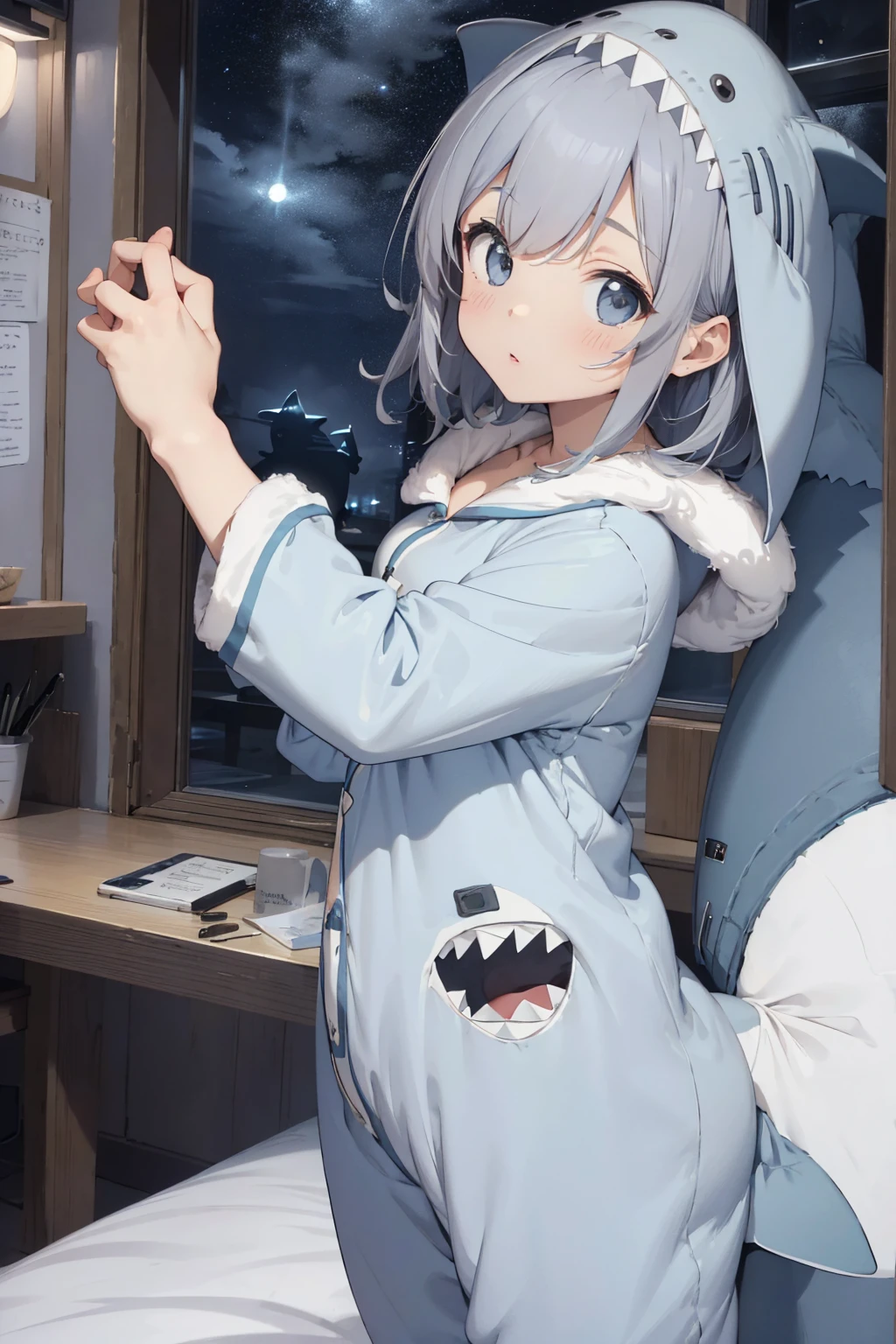 a bit, Nendoroid, ((worst quality, low quality)), ((close), profile,1.5 Left Facing), (10 year old girl), gray hair, (Fluffy shark costume pajamas:1.4), (open income:1.2), (Pale light blue pajamas:1.4), Animal Hoodie, (hooded:1.Under the hoodie, oversized hoodie, five fingers, perfect hands, 深bedroom at nightの背景, Sleep on the bed、Stick out your hand、Pose that you want to hug、highest quality,Super detailed, masterpiece,bedroom at night、Brushing your teeth with a toothbrush while looking in the mirror in the bathroom at night