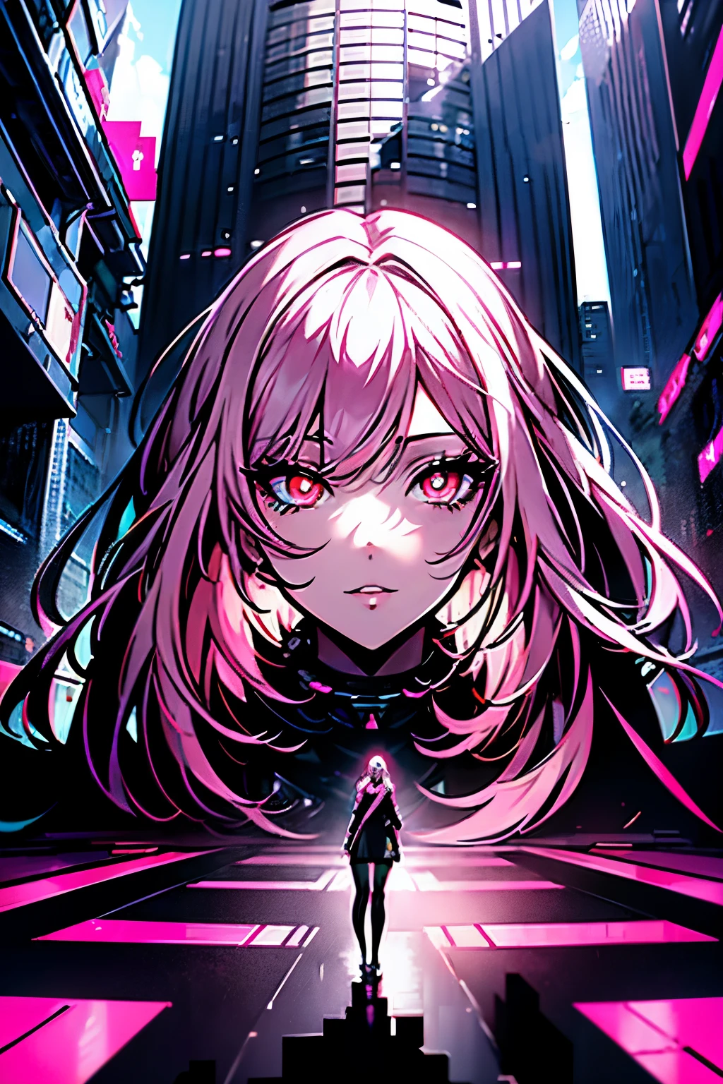 anime, (artwork, best quality, ultra-detailed, high contrast), 1 woman (Alone, full body, plus size body, standing on the edge of the skyscraper, silver hair, LONG AND FLOWING HAIR, broken red eyes ruby, (black dress, black cybernetics with neon pink), detailed face, transparent black stockings, (skyscraper roof, overlooking a city, detailed background ()) detailed face, hyper detailed eye's, detailed lips, , with a metal chainned-colar in the neck, lineart