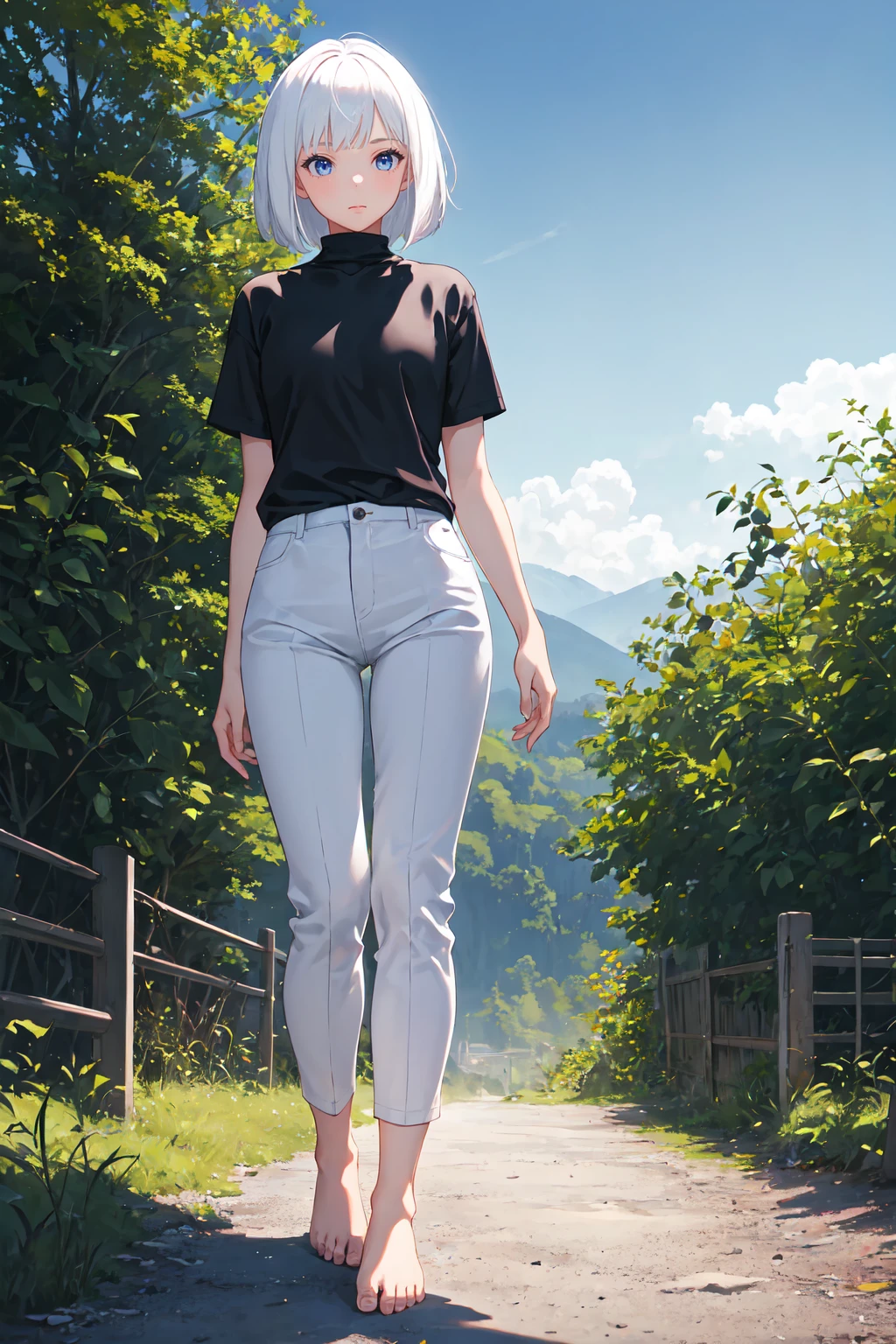1girl, white hair, bob cut, black shirt, turtleneck, short sleeve, white pants, bare feet, standing, outdoors, night, night sky, mountains, masterpiece, best quality, ultra-detailed, illustration, 8K, highres