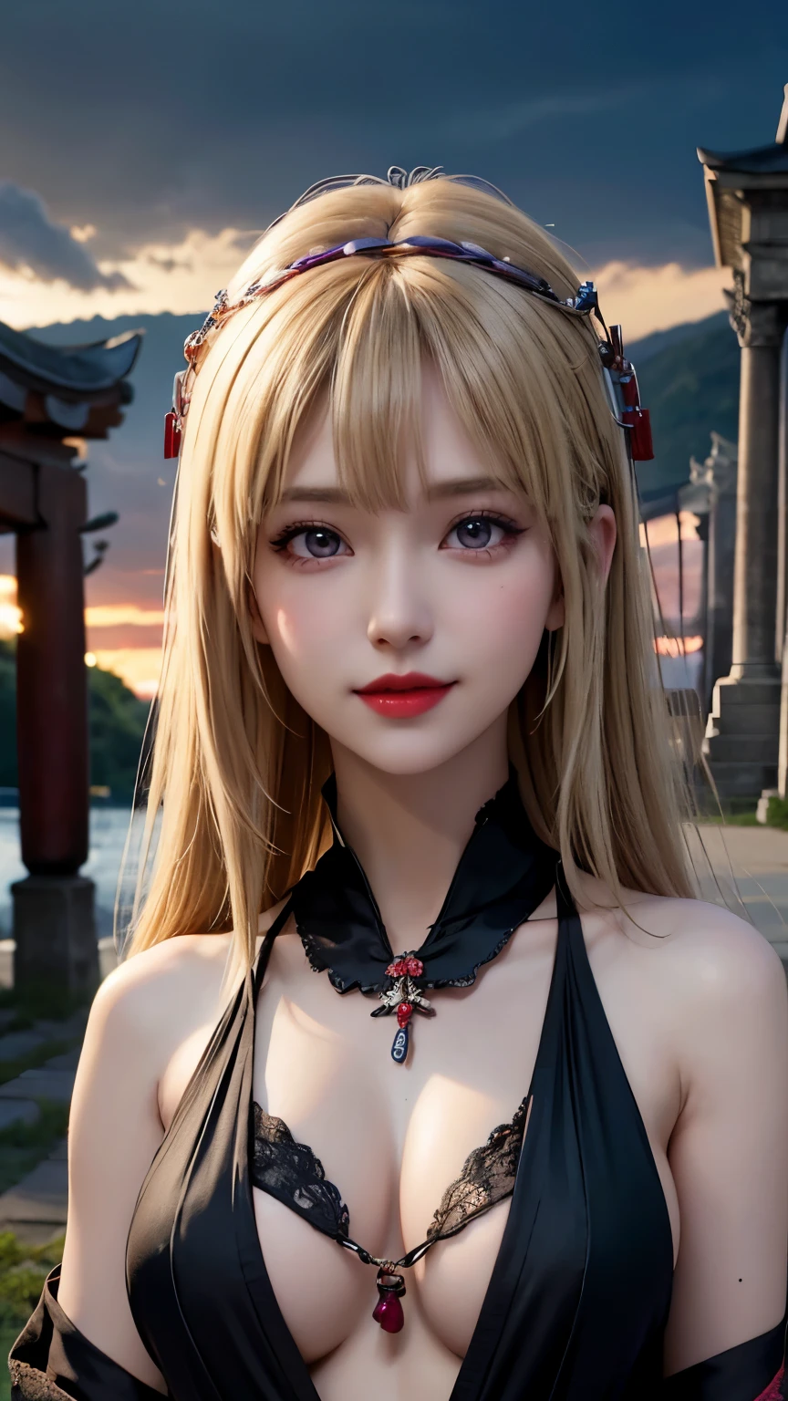 (Hyper Real), ancient shrine maiden, female shaman, giant beauty, safe, high resolution, real short hair, blonde, blonde woman, skin texture details, super high resolution, realistic, plump figure, smile, beautiful expression, small purple hair Airy long blonde hair, divine spirit, very delicate and detailed skin texture, (ancient luxury luxury temple), ancient priestess, big cleavage, plunging neckline, big red lips , (luxurious black costume and luxurious accessories)