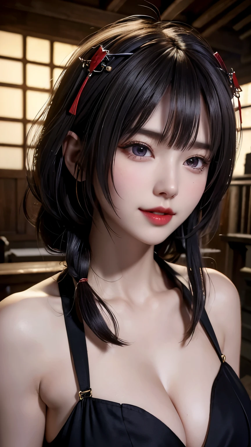 (Hyper Real), ancient shrine maiden, female shaman, giant beauty, safe, high resolution, real short hair, blonde, blonde woman, skin texture details, super high resolution, realistic, plump figure, smile, beautiful expression, small purple hair Airy long blonde hair, divine spirit, very delicate and detailed skin texture, (ancient luxury luxury temple), ancient priestess, big cleavage, plunging neckline, big red lips , (luxurious black costume and luxurious accessories)