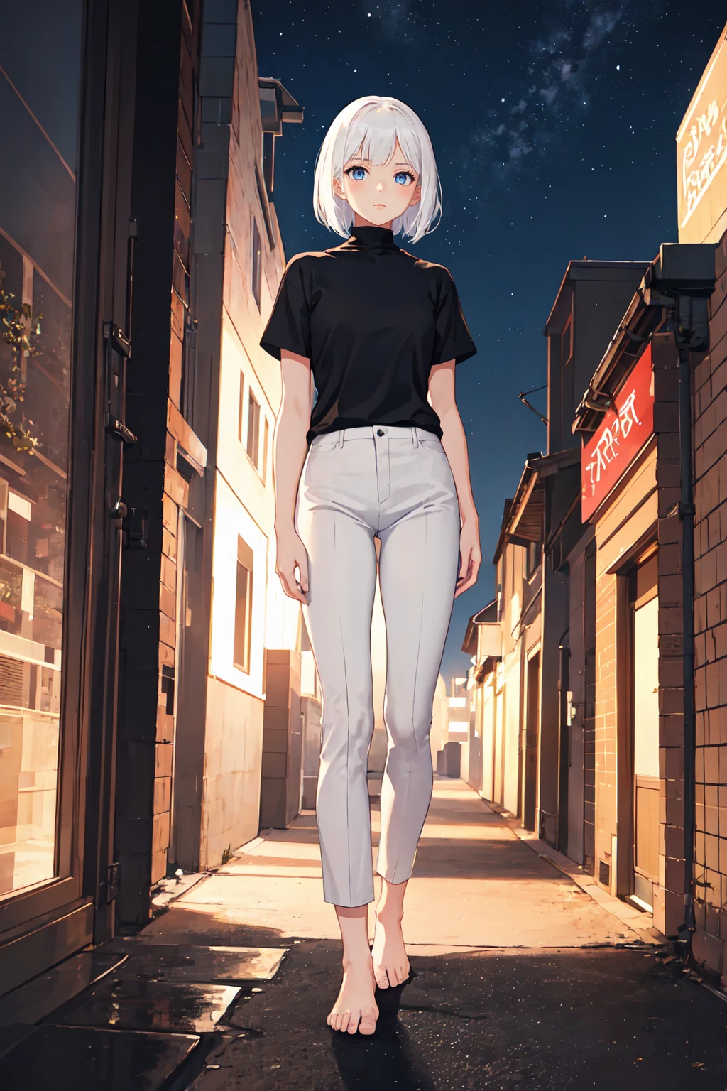 1girl, white hair, bob cut, flat chested, black shirt, turtleneck, short sleeve, white pants, bare feet, standing, outdoors, night, night sky, city, masterpiece, best quality, ultra-detailed, illustration, 8K, highres
