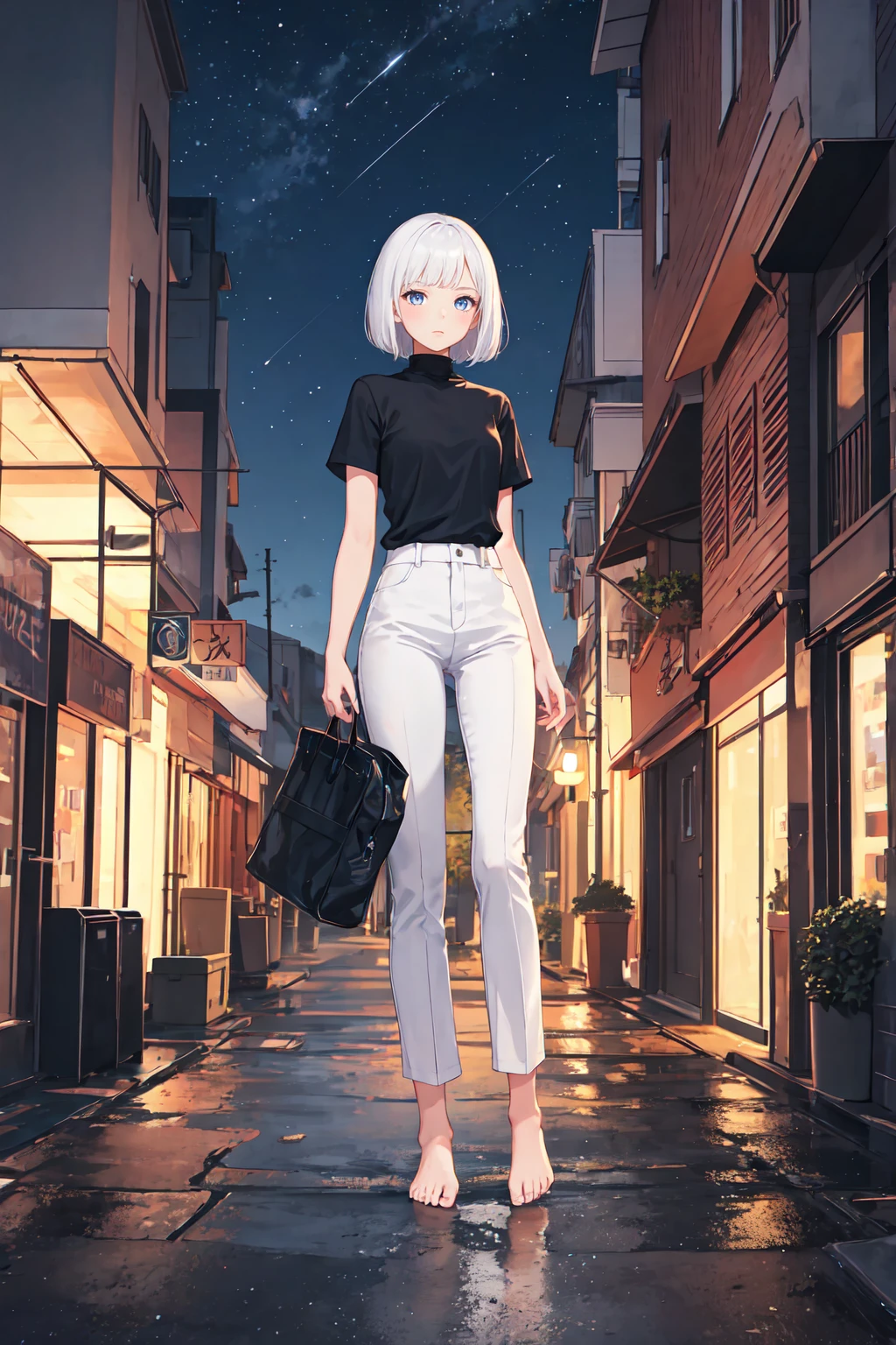 1girl, white hair, bob cut, flat chested, black shirt, turtleneck, short sleeve, white pants, bare feet, standing, outdoors, night, night sky, city, masterpiece, best quality, ultra-detailed, illustration, 8K, highres