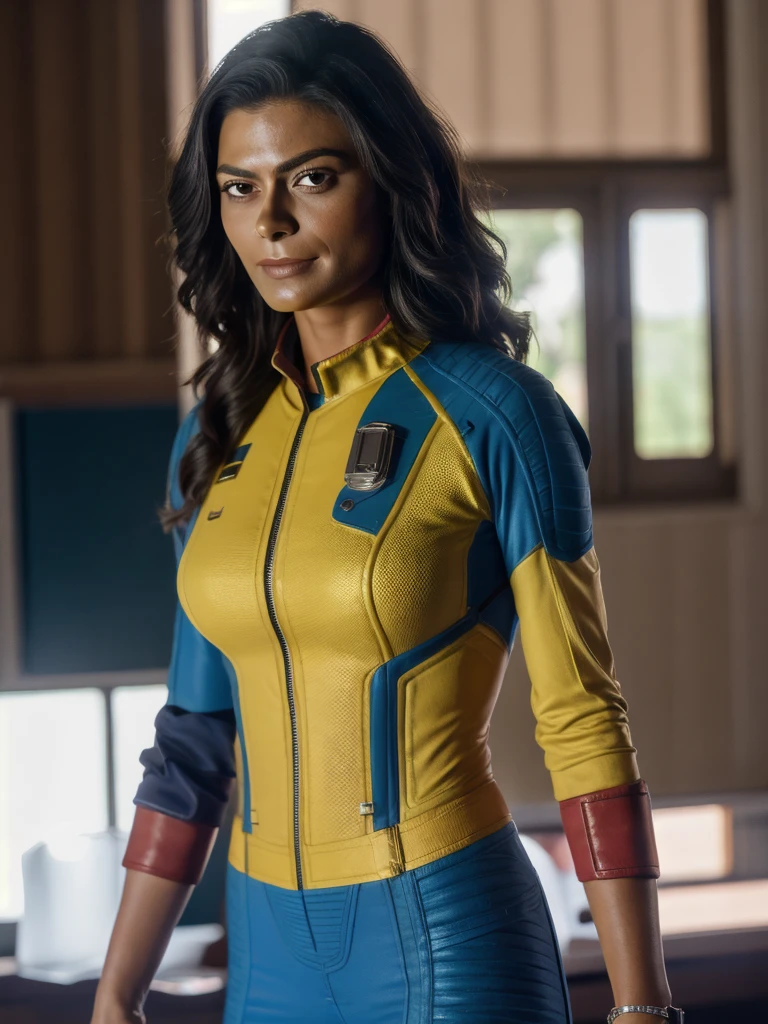 (juliana paes:1.1),wearing vaultsuit, 
professionally color graded, professional photography, well drawn, masterpiece, hyper realistic, ultra detailed, high quality, best quality, 4k, 8k, raw