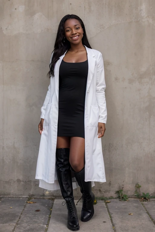 obra de arte, Melhor qualidade, ma21, esclera negra, pele rosa, vestido xadrez, lab coat, black pantyhose, Asymmetrical boots, olhando para o espectador, sorriso pretensioso 