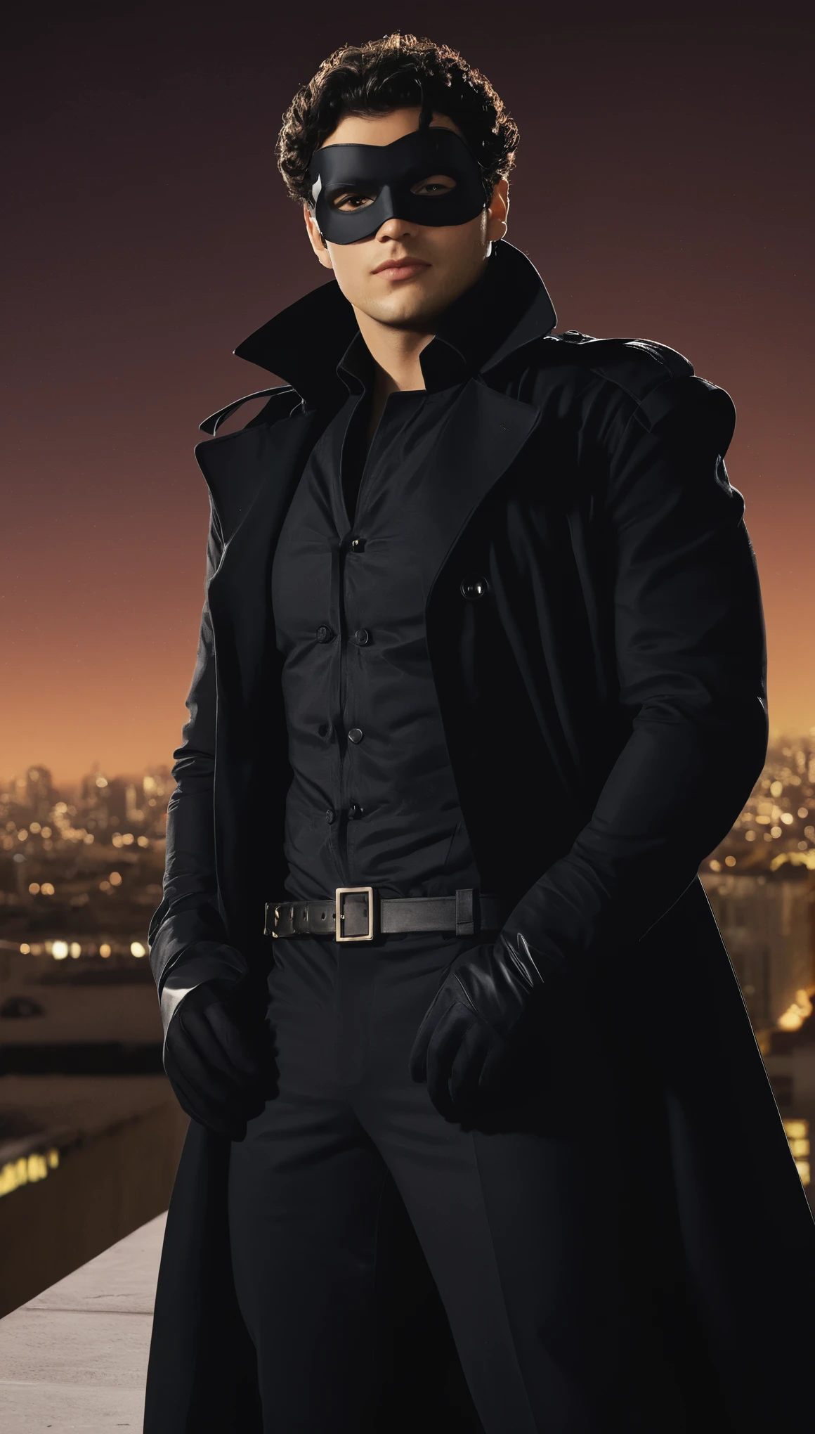 A movie poster, full color, a supervillain man, 28 years-old, wearing a black trench coat and a Zorro mask, stocky, soft doughy physique, deep brown eyes, wide bulbous nose, full lips, black hair, curly hair, thick bushy eyebrows, extremely hairy chest, stomach, and arms, lots of body hair, posing on a neon-lit rooftop, hard shadows, RAW photograph, cinematic shot, masterpiece