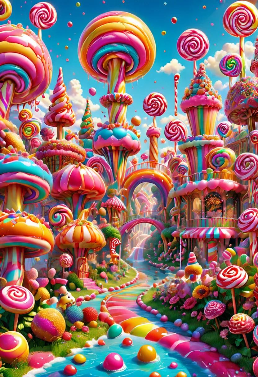 Candyland, best quality, masterpiece, very aesthetic, perfect composition, intricate details, ultra-detailed, by Lisa Frank