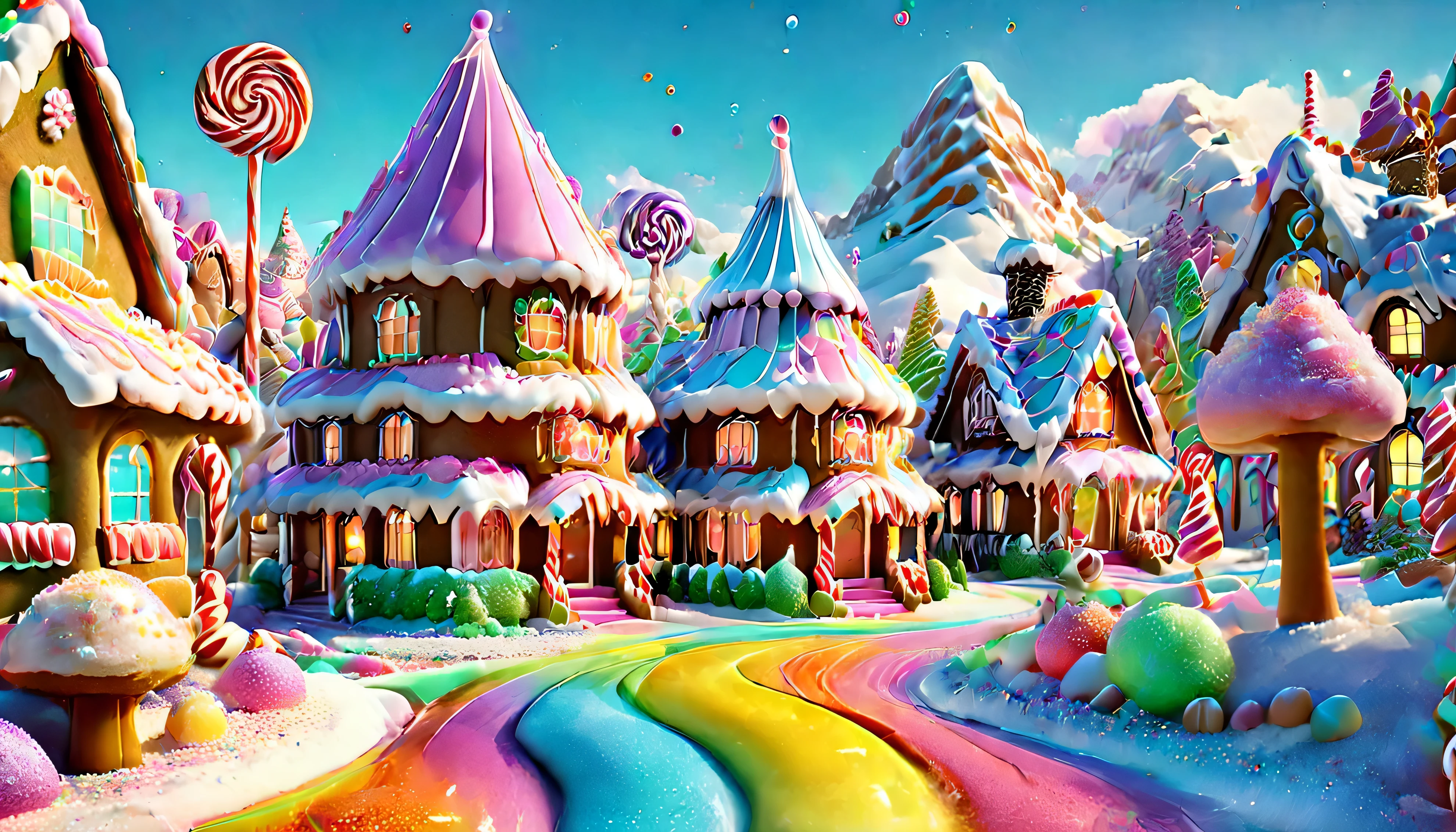 Candyland: candy house (gingerbread), dreamlike, fancy, rich colors, magical, sparkling, edible, delicious, [bright], [candy], [candy], [appetizing], [lollipop], [candy], [candy], [candy], [candy], [sprinkle], [candy], [rainbow colors], [candy house], [gingerbread house], [sugarcane], [marshmallow], , [candy machine], [candy wrappers], [mountain candy], [giant candy], [sugar crystals], [candy thread], [chewing gum], [colored candy], [luminous], [enchanted], [joyful], [playful], [bursting with flavor]