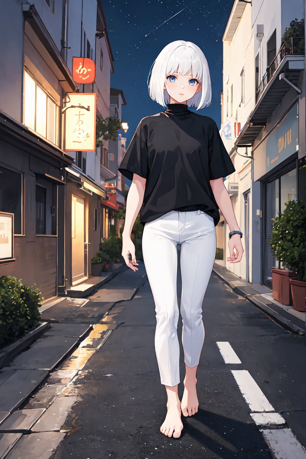 1girl, white hair, bob cut, flat chested, black shirt, turtleneck, short sleeve, white pants, bare feet, standing, outdoors, night, night sky, city, masterpiece, best quality, ultra-detailed, illustration, 8K, highres