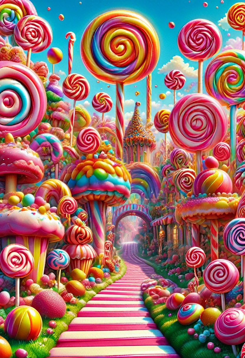 Candyland, best quality, masterpiece, very aesthetic, perfect composition, intricate details, ultra-detailed, by Lisa Frank
