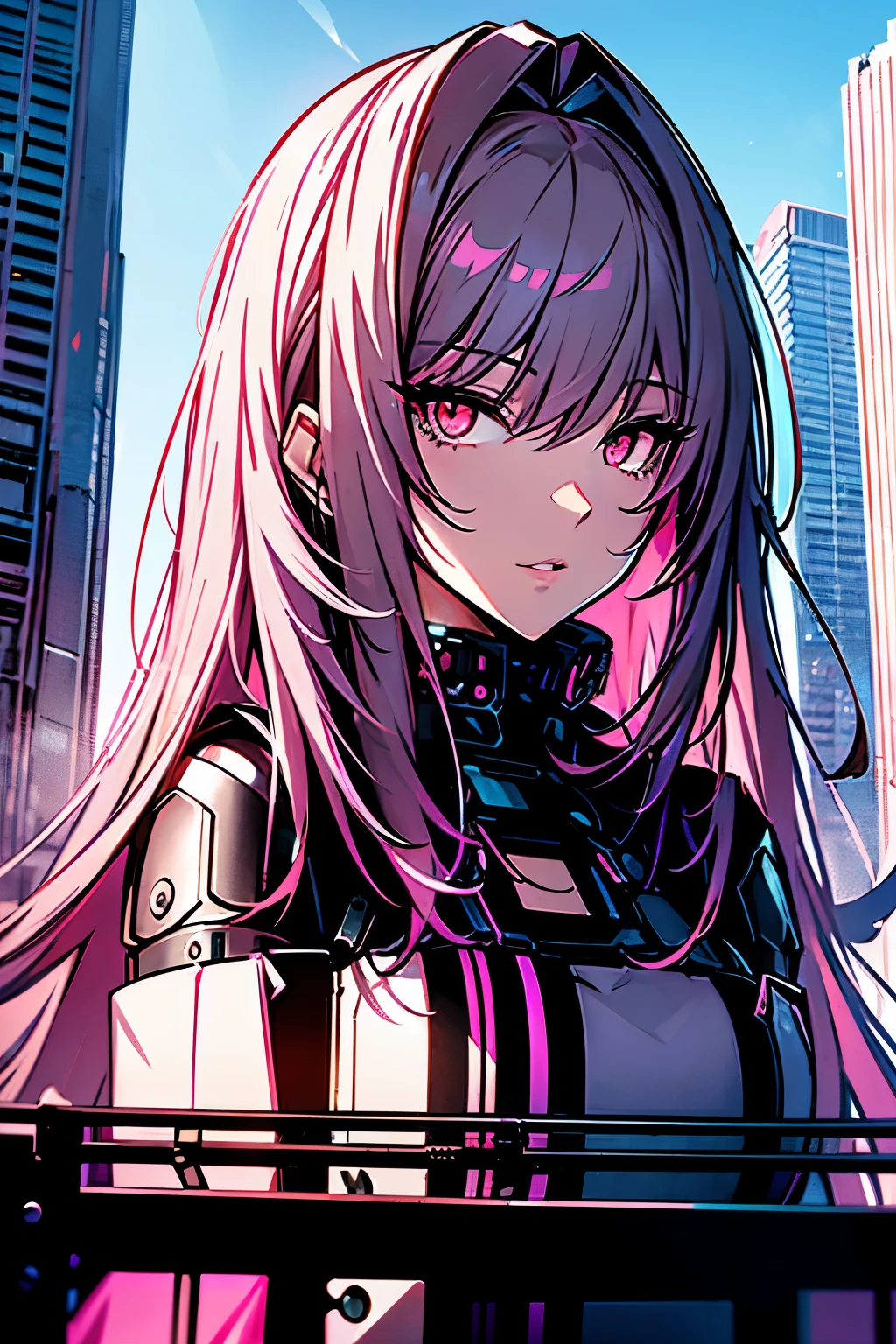 anime, (artwork, best quality, ultra-detailed, high contrast), 1 woman (Alone, full body, plus size body, standing on the edge of the skyscraper, silver hair, LONG AND FLOWING HAIR, broken red eyes ruby, (black dress, black cybernetics with neon pink), detailed face, transparent black stockings, (skyscraper roof, overlooking a city, detailed background ()) detailed face, hyper detailed eye's, detailed lips, , with a metal chainned-colar in the neck, lineart
