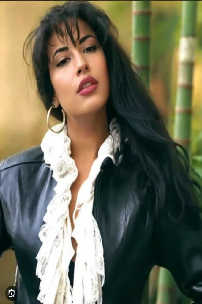 a close up of a woman in a black leather jacket and white scarf, selena quintanilla perez, young arab monica bellucci, arab young monica belluci, portait of haifa wehbe, seductive lady, in an old 1950s leather jacket, profile image, beautiful mexican woman, suze randall, profile pic, furious dark haired women