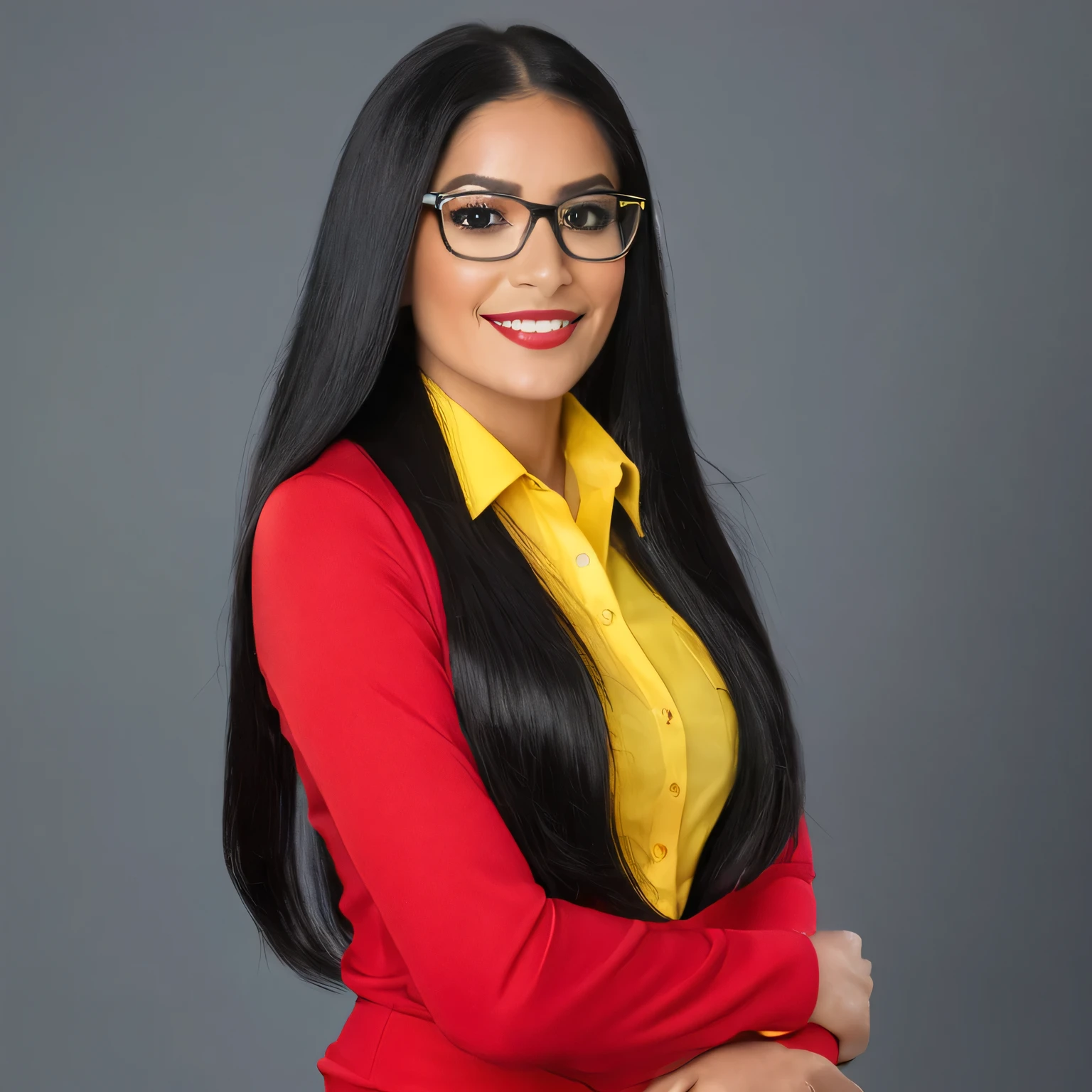 Latina female model of age 27 wearing red-yellow school teaching custom, half body  , wearing glass, long black hair