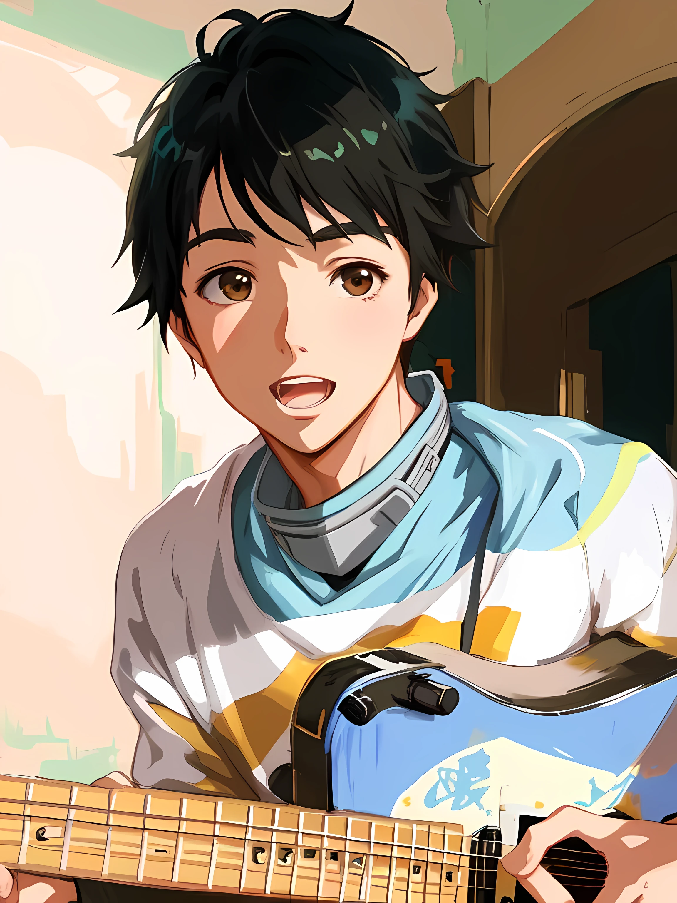 anime boy with brown eyes playing guitar in a room, painted in anime painter studio, anime boy, made with anime painter studio, makoto shinkai ( apex legends ), demon slayer rui fanart, ross tran!!!, digital anime illustration, ross tran style, shinji, high quality fanart, makoto shinkai!, pixar and ilya kuvshinov, anime artstyle