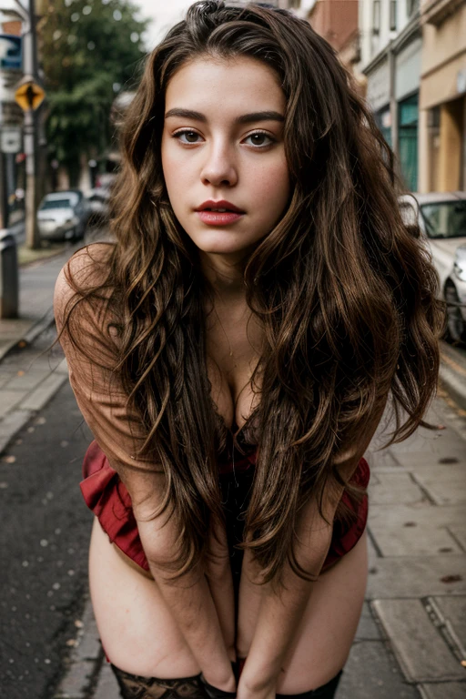 brunette woman with wavy hair, 21 years old, red lips, small mouth closed, medium , beautiful eyes, realistic photo, dirty photo, in street, (stockings), full body