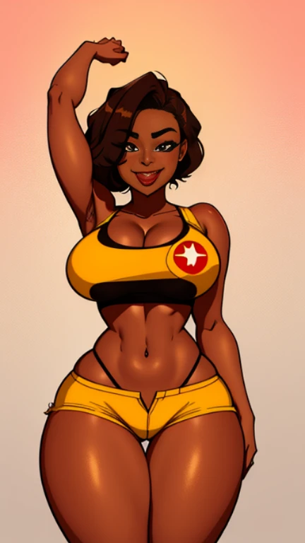 American female with a warm brown skin tone, beaming smile, and a generously proportioned behind. Her ass is so big that it barely fits in the torn shorts she's wearing. This image is rendered in the highest image quality, ensuring every detail is visible, from her curvy hips and slender waist to the dimples on her lower back. As she puts out her tongue in playful tease, the image captures her mischievous expression in stunning detail.