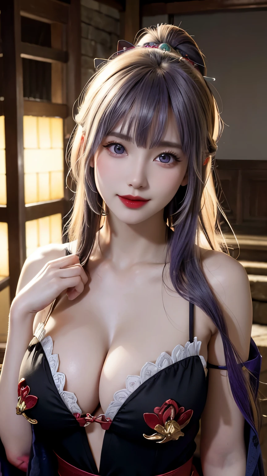 (Hyper Real), ancient shrine maiden, female shaman, giant beauty, safe, high resolution, real short hair, blonde, blonde woman, skin texture details, super high resolution, realistic, plump figure, smile, beautiful expression, small purple hair Airy long blonde hair, divine spirit, very delicate and detailed skin texture, (ancient luxury luxury temple), ancient priestess, big cleavage, plunging neckline, big red lips , (luxurious black costume and luxurious accessories)