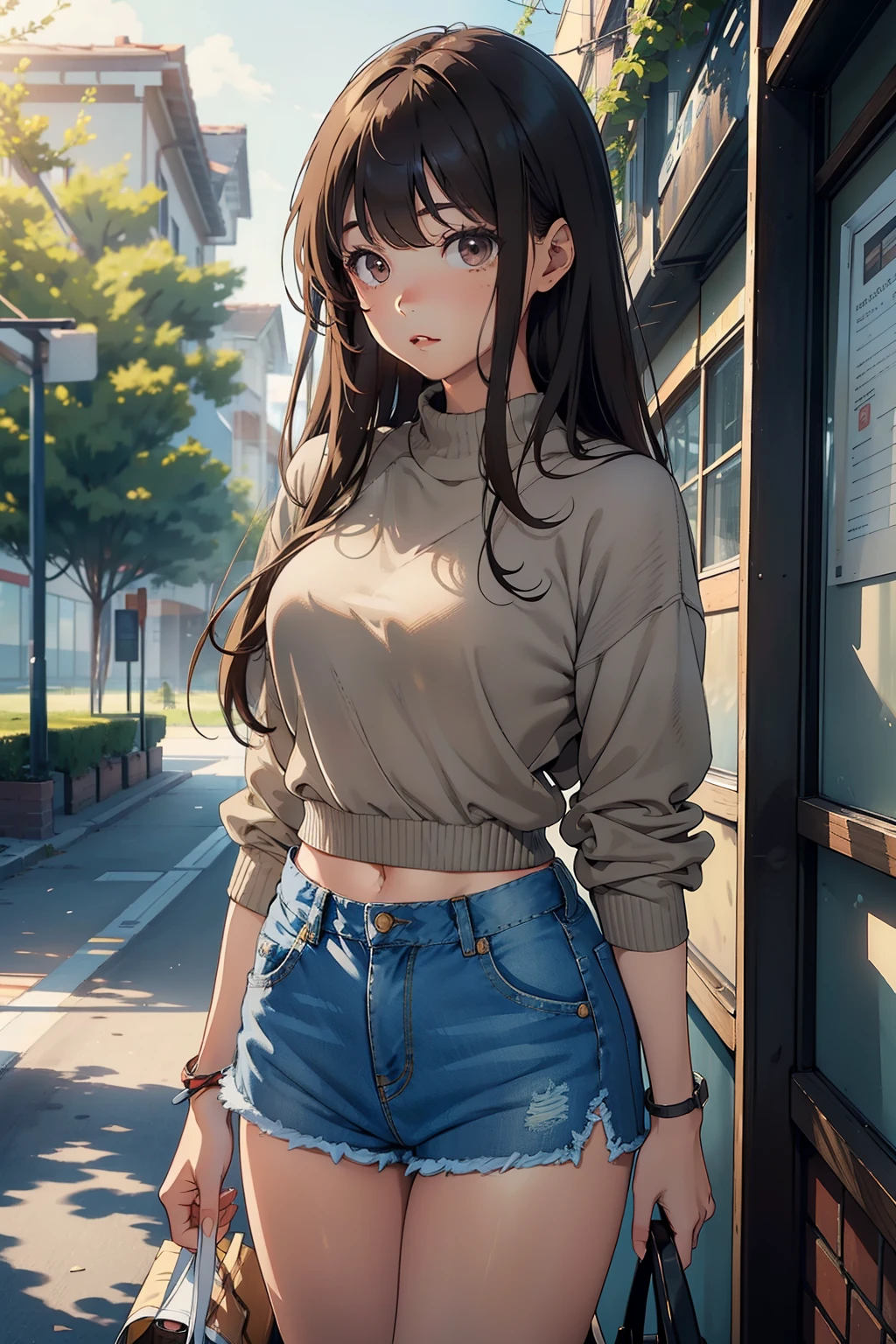 (Masterpiece), Brown haired, Brown-eyed Manga Girl of Extraordinary Beauty, (Gray sweater top), (Denim shorts), (Natural background:1.0), (School setting),
This mesmerizing manga girl, with her brown tresses cascading gently down her back and her captivating brown eyes radiating warmth, dons a stylish gray sweater top that perfectly complements her denim shorts. The idyllic natural background adds a serene touch to the scene, evoking a sense of tranquility and peace. As she goes about her day in the school environment, her presence captivates all around her. (End of description