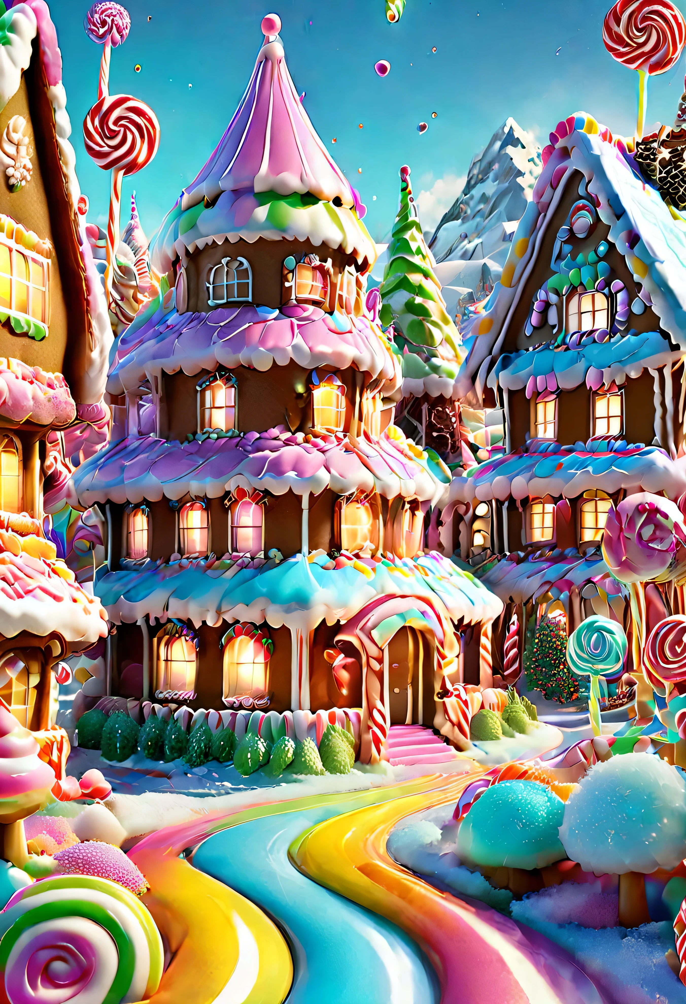 Candyland: candy house (gingerbread), dreamlike, fancy, rich colors, magical, sparkling, edible, delicious, [bright], [candy], [candy], [appetizing], [lollipop], [candy], [candy], [candy], [candy], [sprinkle], [candy], [rainbow colors], [candy house], [gingerbread house], [sugarcane], [marshmallow], , [candy machine], [candy wrappers], [mountain candy], [giant candy], [sugar crystals], [candy thread], [chewing gum], [colored candy], [luminous], [enchanted], [joyful], [playful], [bursting with flavor]