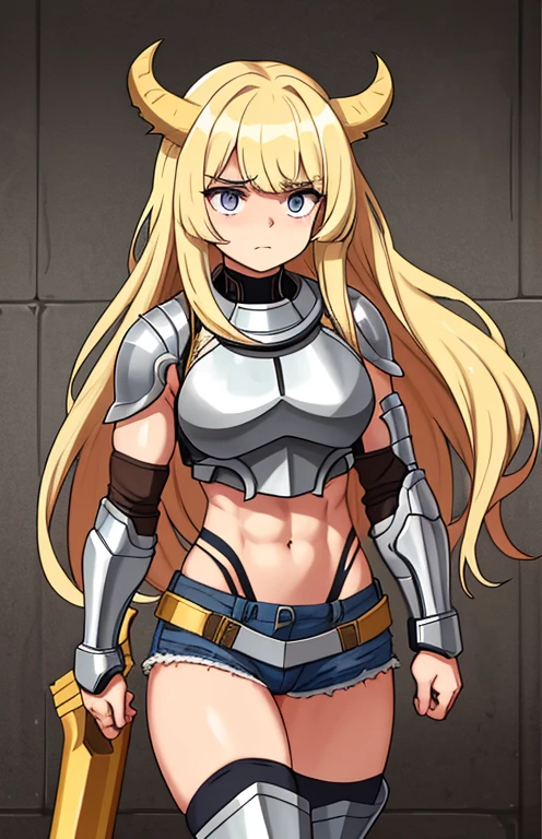 age girl, athletic, muscular body, she has long blonde hair, the bangs in her hair hide her eyes, she wears torn clothes and a metal breastplate, she walks like a beast