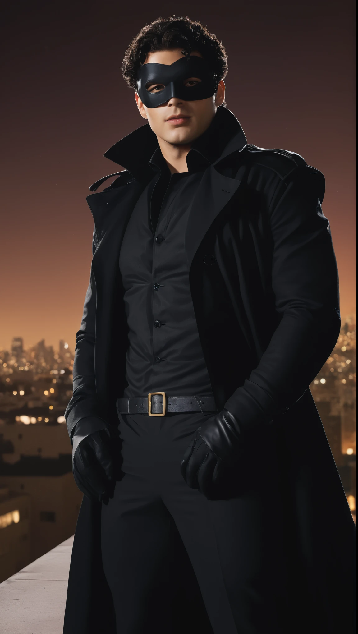 A movie poster, full color, a supervillain man, 28 years-old, wearing a black trench coat and a Zorro mask, stocky, soft doughy physique, deep brown eyes, wide bulbous nose, full lips, black hair, curly hair, thick bushy eyebrows, extremely hairy chest, stomach, and arms, lots of body hair, posing on a neon-lit rooftop, hard shadows, RAW photograph, cinematic shot, masterpiece