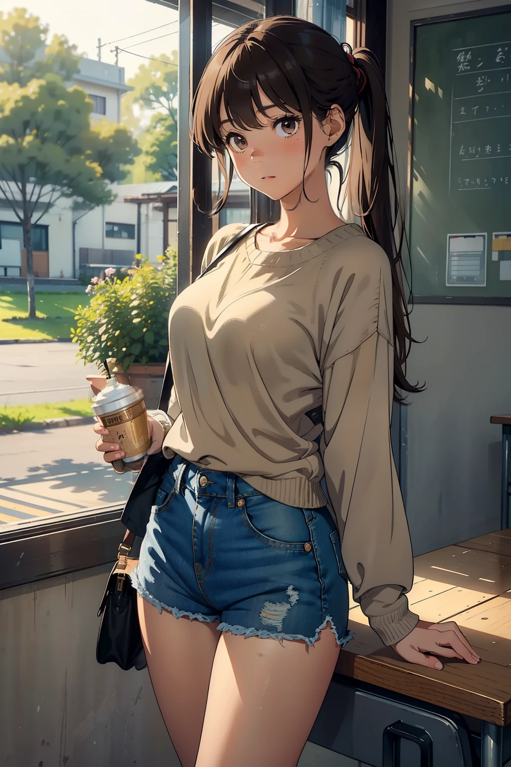 (Masterpiece), Brown haired, Brown-eyed Manga Girl of Extraordinary Beauty, (Gray sweater top), (Denim shorts), (Natural background:1.0), (School setting),

This mesmerizing manga girl, with her brown tresses cascading gently down her back and her captivating brown eyes radiating warmth, dons a stylish gray sweater top that perfectly complements her denim shorts. The idyllic natural background adds a serene touch to the scene, evoking a sense of tranquility and peace. As she goes about her day in the school environment, her presence captivates all around her. (End of description