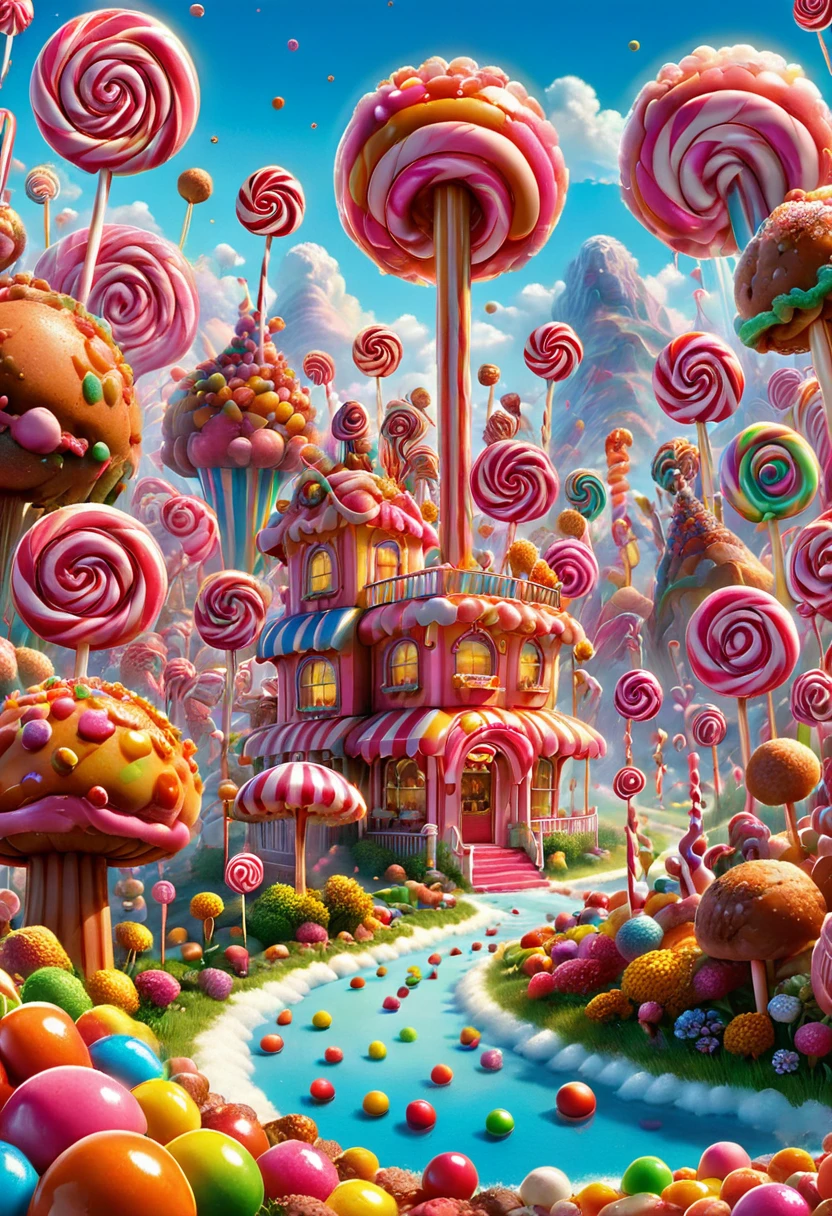 Candyland, movie "CLOUDY WITH A CHANCE OF MEATBALLS", best quality, masterpiece, very aesthetic, perfect composition, intricate details, ultra-detailed, by Lisa Frank