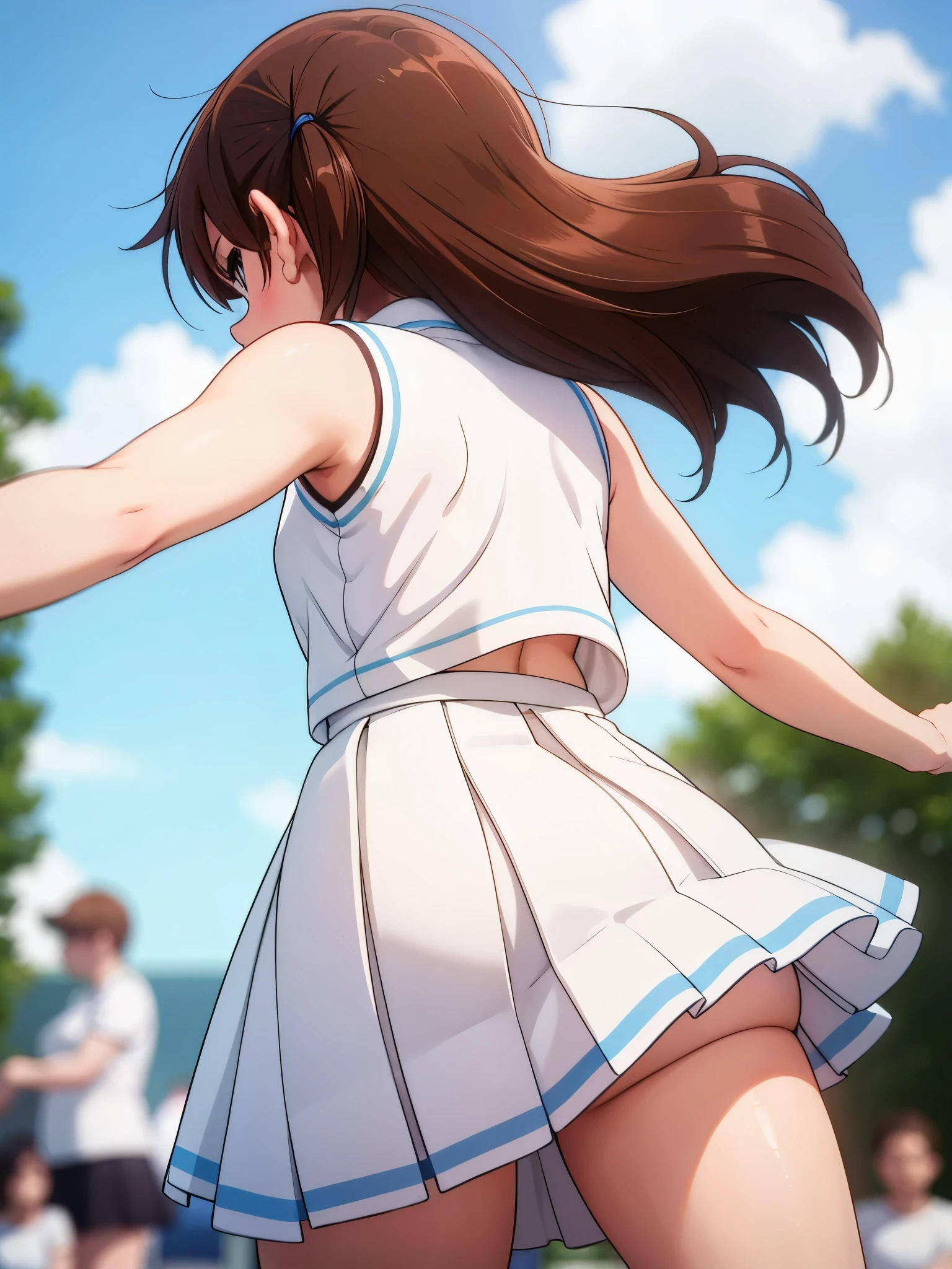 1girl,ass,ass focus,blue sky,brown hair,dated,from behind,from below,marching band,shirt,skirt,sky,sleeveless,sleeveless shirt,solo,thighs,white shirt,white skirt l