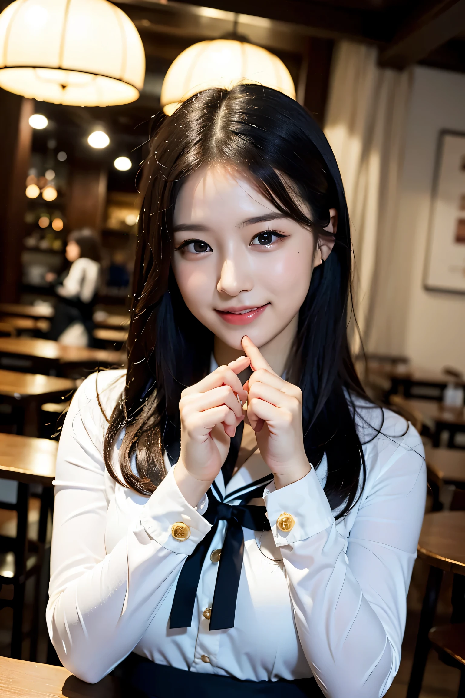 1 girl、cute、24-years-old、laughter、looking at the viewer、sailor suit、uniform、picture、lively、highest quality、adopt、detailed face、classroom、detailed background、diffused lighting、Depth of the bounds written、Bokeh、(Nogizaka Idol、korean idol、Gravure idol pose、(())、25 years old、expensive:1.2、Cafe、restaurant、Italy、American、Australia、Glamour)