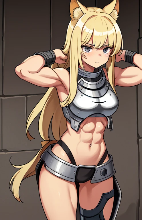 teenage girl, athletic, muscular body, she has long blonde hair, the bangs in her hair hide her eyes, she wears torn clothes and a metal breastplate, she walks like a beast, doggy pose