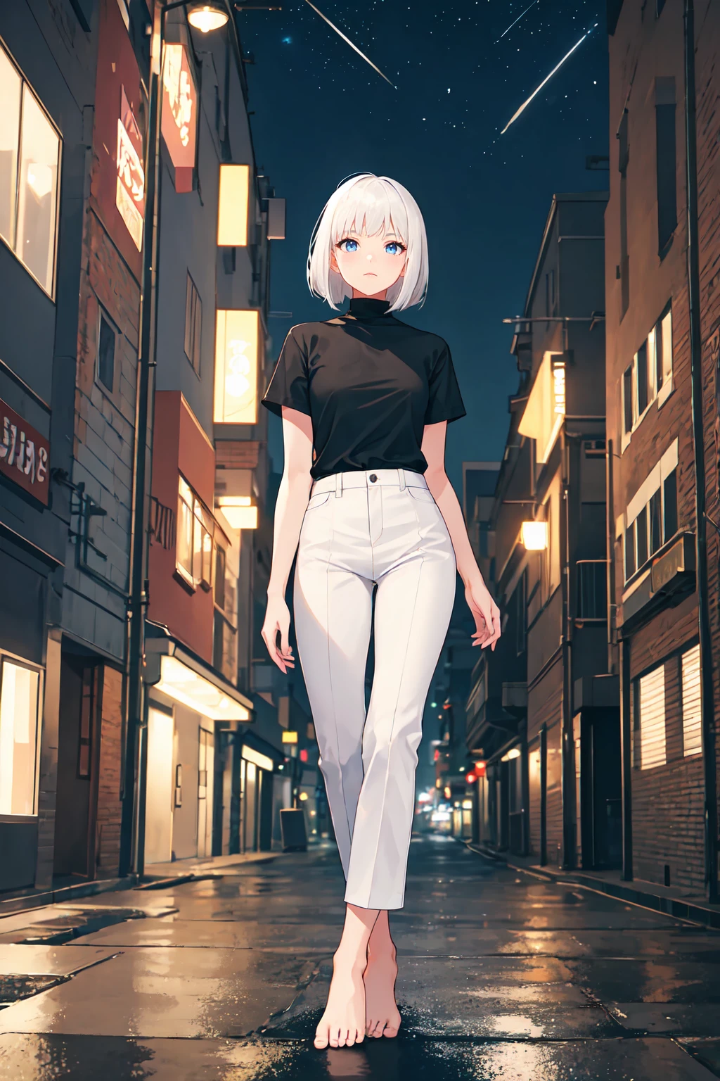 1girl, white hair, bob cut, flat chested, black shirt, tucked in shirt, turtleneck, short sleeve, white pants, bare feet, standing, outdoors, night, night sky, city, masterpiece, best quality, ultra-detailed, 8K, highres