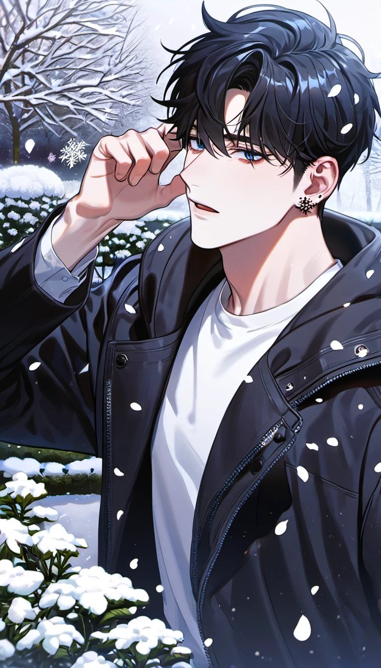 absurdres, highres, ultra detailed, HDR, master piece, best quality, Kang Woojin, black messy hair, expressive dark blue eyes, ear piercings, Love Jinx, 1man, handsome, black coat, white shirt, petals, garden, snow, snowflakes, snowing