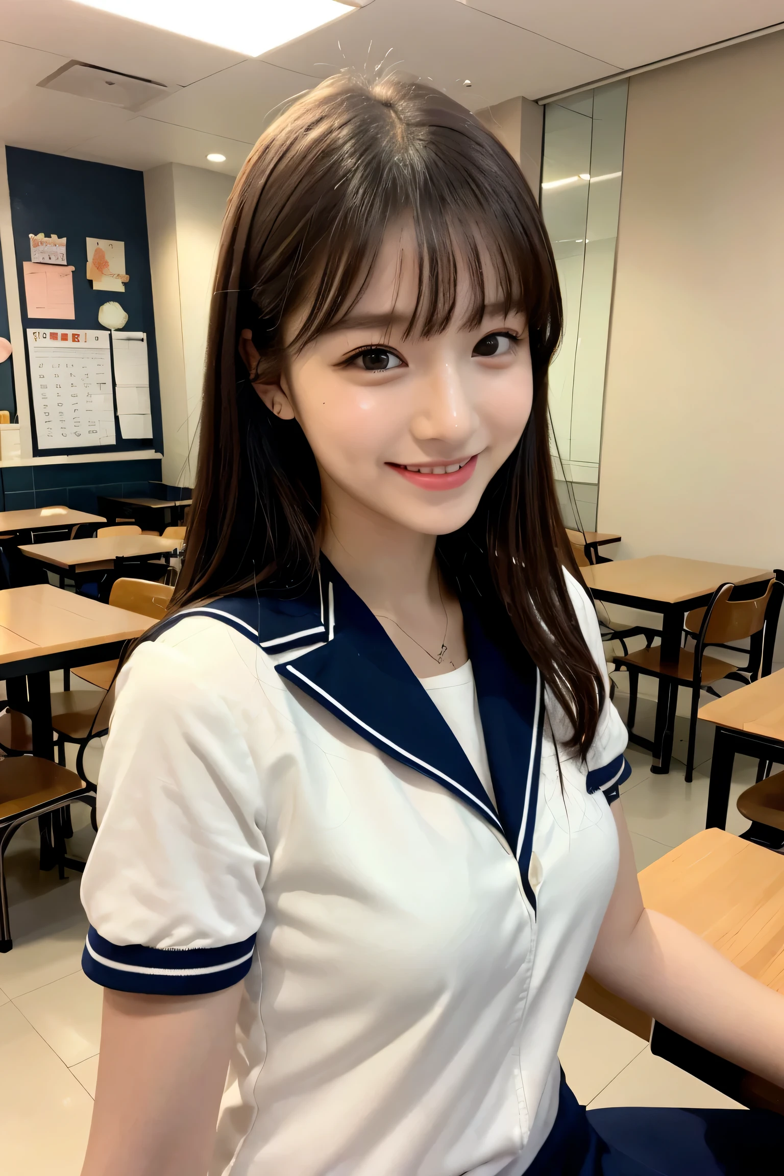 1 girl、cute、24-years-old、laughter、looking at the viewer、sailor suit、uniform、picture、lively、highest quality、adopt、detailed face、classroom、detailed background、diffused lighting、Depth of the bounds written、Bokeh、(Nogizaka Idol、korean idol、Gravure idol pose、(())、25 years old、expensive:1.2、Cafe、restaurant、Italy、American、Australia、Glamour)