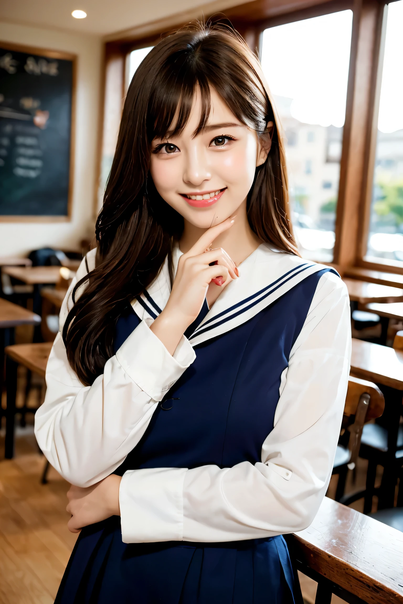 1 girl、cute、24-years-old、laughter、looking at the viewer、sailor suit、uniform、picture、lively、highest quality、adopt、detailed face、classroom、detailed background、diffused lighting、Depth of the bounds written、Bokeh、(Nogizaka Idol、korean idol、Gravure idol pose、(())、25 years old、expensive:1.2、Cafe、restaurant、Italy、American、Australia、Glamour)