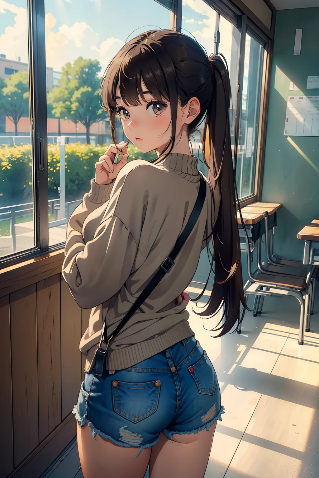 (Masterpiece), Brown haired, Brown-eyed Manga Girl of Extraordinary Beauty, (Gray sweater top), (Denim shorts), (Natural background:1.0), (School setting),

This mesmerizing manga girl, with her brown tresses cascading gently down her back and her captivating brown eyes radiating warmth, dons a stylish gray sweater top that perfectly complements her denim shorts. The idyllic natural background adds a serene touch to the scene, evoking a sense of tranquility and peace. As she goes about her day in the school environment, her presence captivates all around her. (End of description