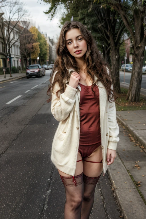 full body photograph of a brunette woman with wavy hair, 21 years old, realistic photo, in street, (long sleeve body)