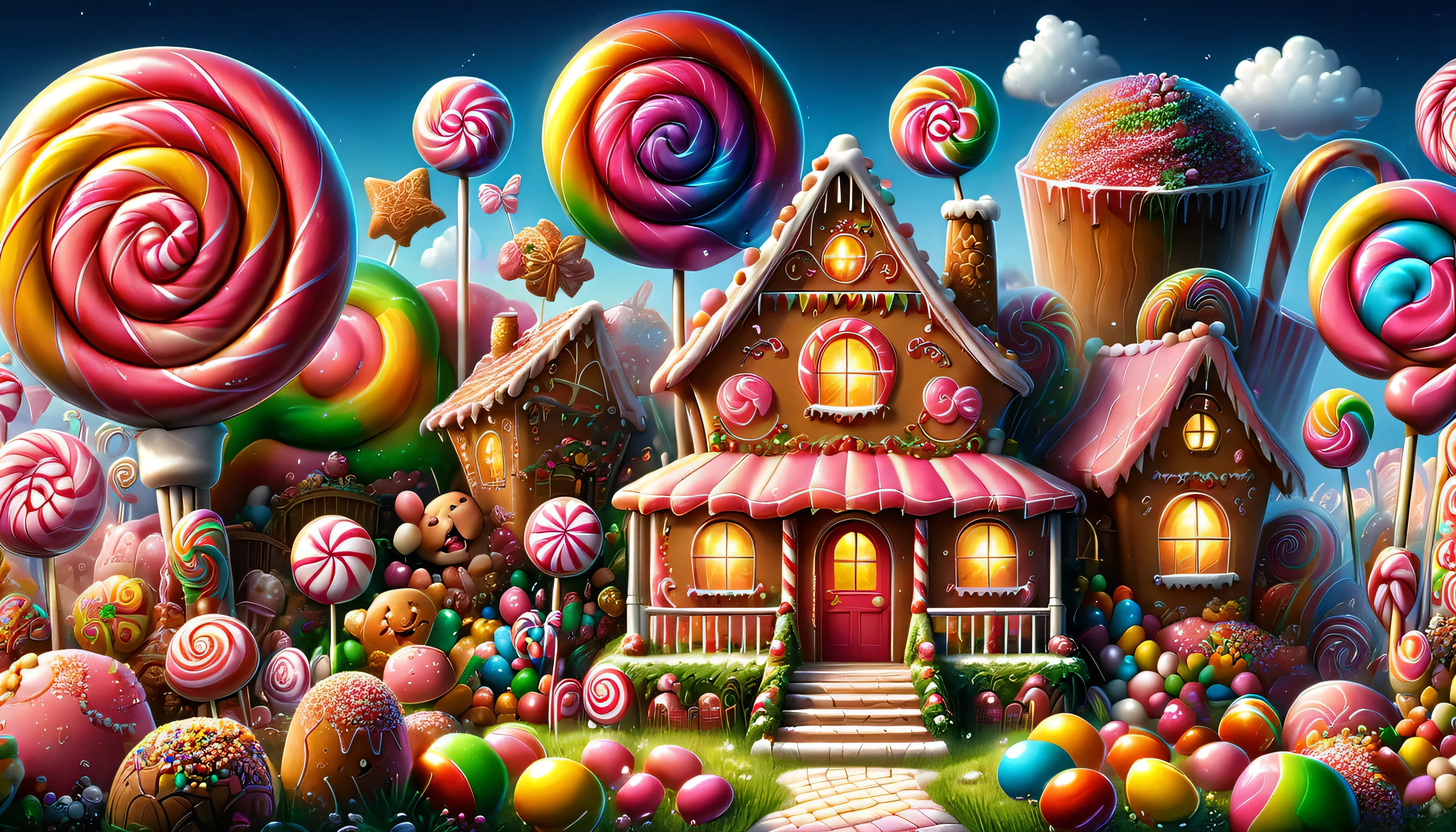 Candyland: Candy Theme Park, Dreamy, Fantasy, Rich Colors, Magic, Sparkling, Edible, Delicious, [Gingerbread], [Bright Colors], [Candy], [Candy], [Appetizing], [Lollipop], [Candy], [Candy], [Candy], [Candy], [Candy], [rainbow colors], [candy house], [gingerbread house], [sugarcane], [marshmallow], , [candy machine], [candy wrappers], [mountain candy], [giant candy], [sugar crystals], [candy thread], [chewing gum], [colored candy], [luminous], [enchanted], [joyful], [playful], [bursting with flavor]. 