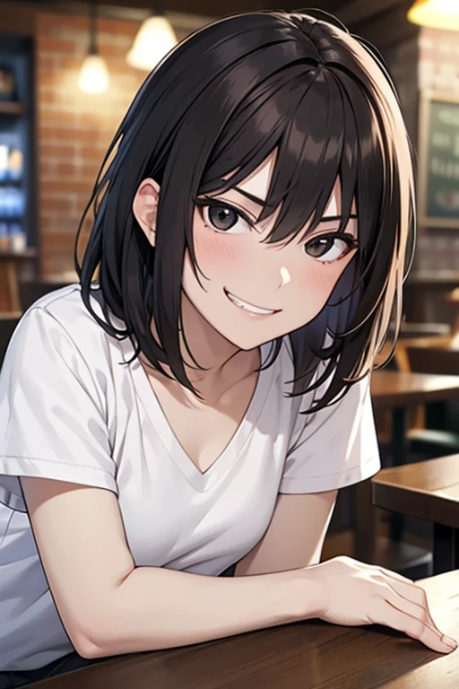 (leaning forward),Masterpiece, High resolution, High-definition CG Unity 8K,Beautiful and detailed face, detailed hair texture, beautiful face,1 girl,(black eyes),small breasts, (very short messy brown hair), at night:1.2,grinning eyes,grin,anguish,break,(smug:1.1),(at the pub table), (having alcohol),(POV),(white V-neck T-shirt),shorts,